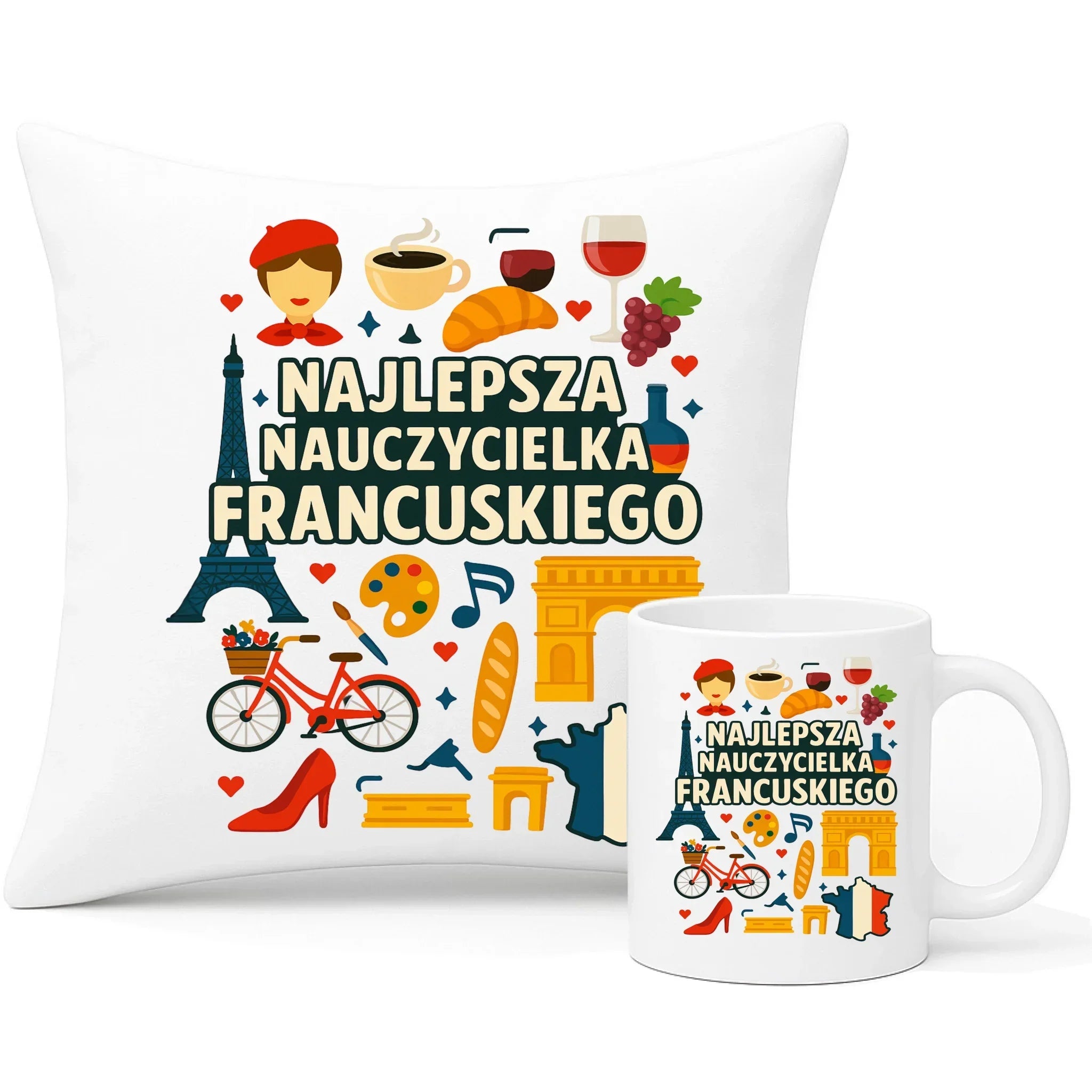Nauczycielka języka francuskiego | Zestaw poduszka i kubek na prezent N58 - StoryCups.pl