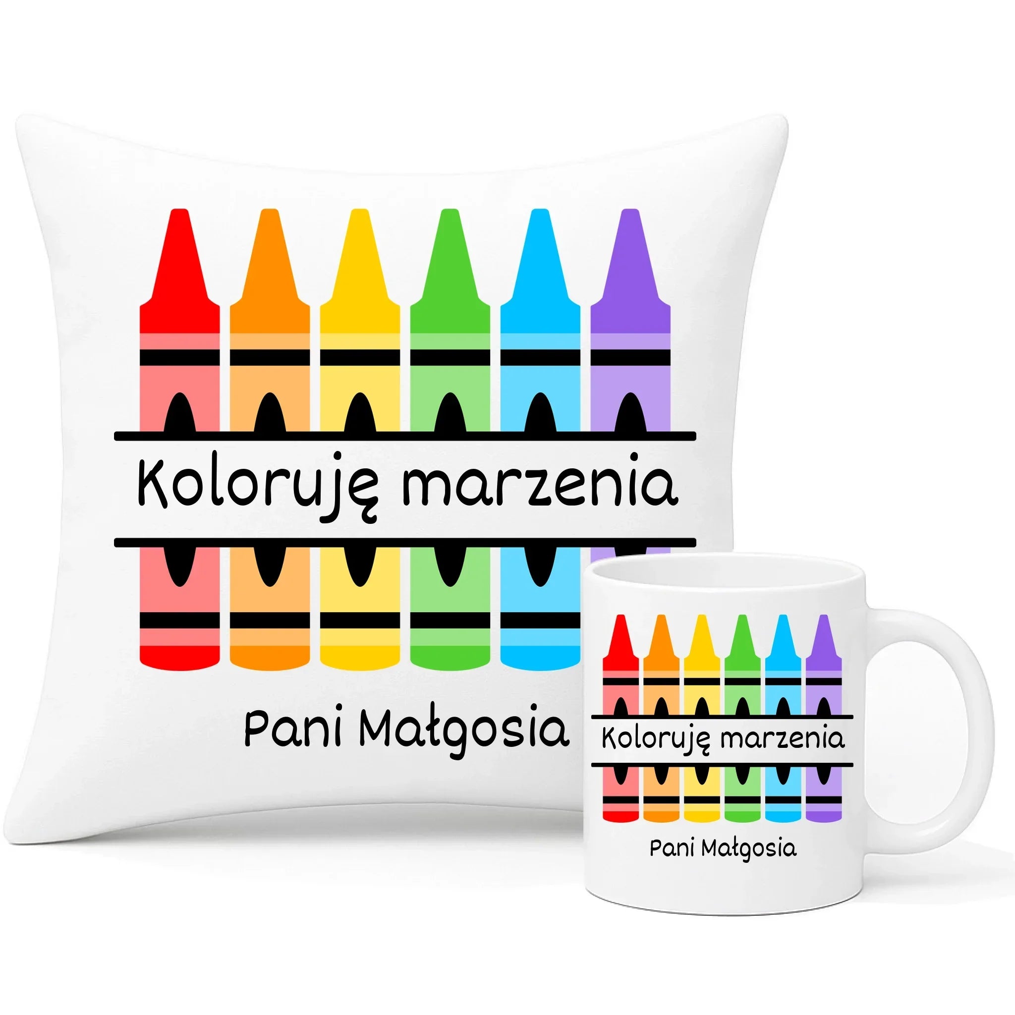 Koloruję marzenia | Zestaw poduszka i kubek na prezent dla nauczycielki N69 - StoryCups.pl