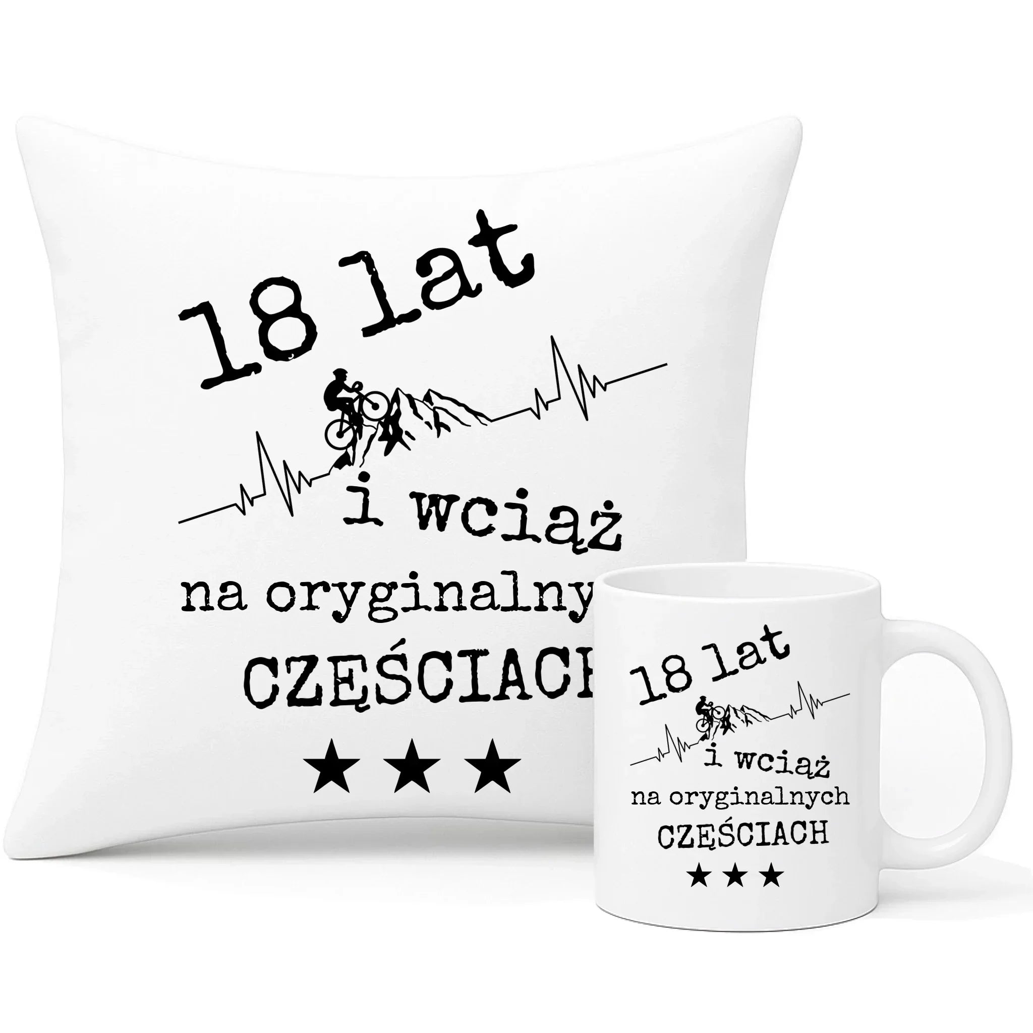 Wciąż na oryginalnych częściach | Zestaw poduszka i kubek na urodziny dla rowerzysty U28 - StoryCups.pl