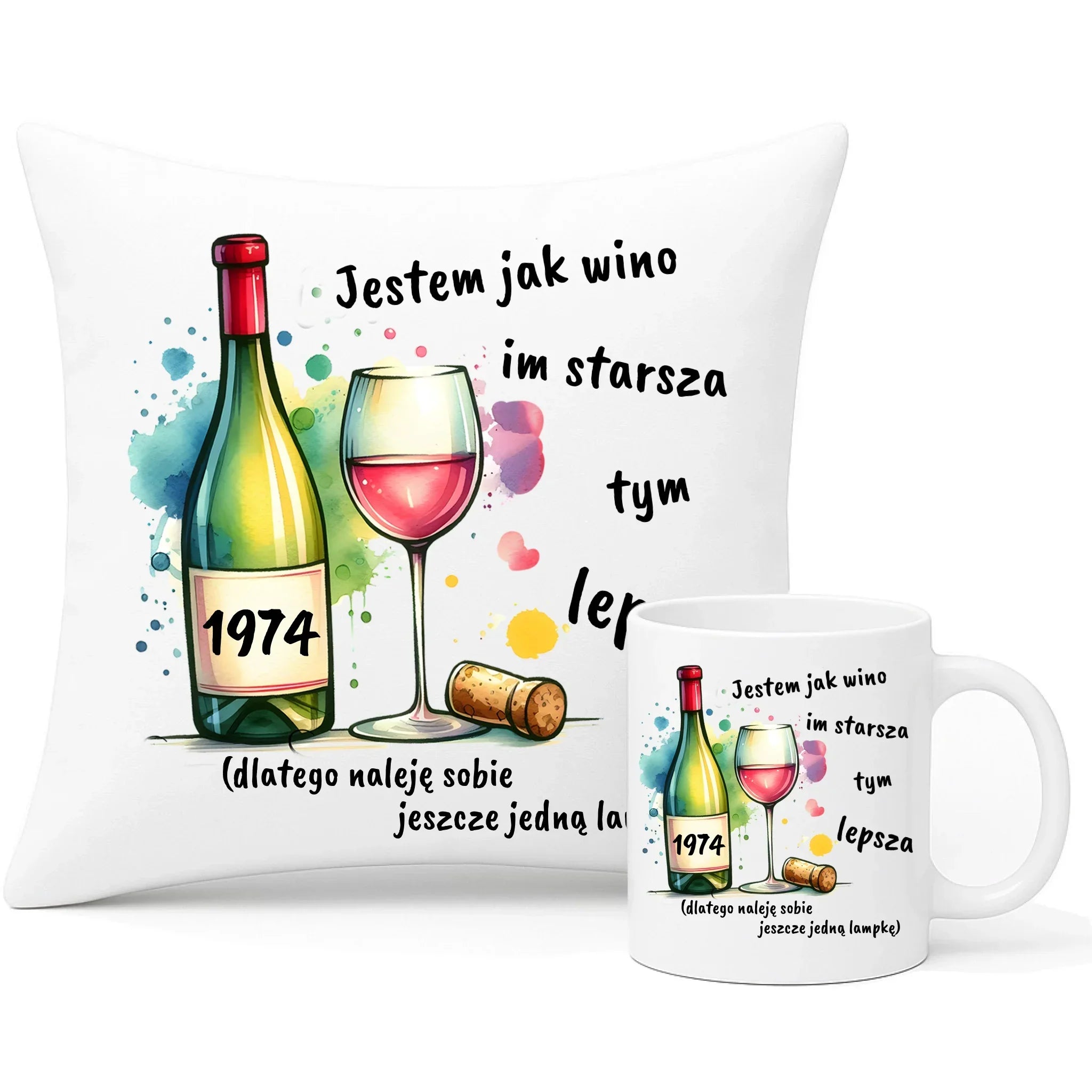 Jestem jak wino im starsza tym lepsza | Zestaw poduszka i kubek prezent na urodziny U13 - StoryCups.pl