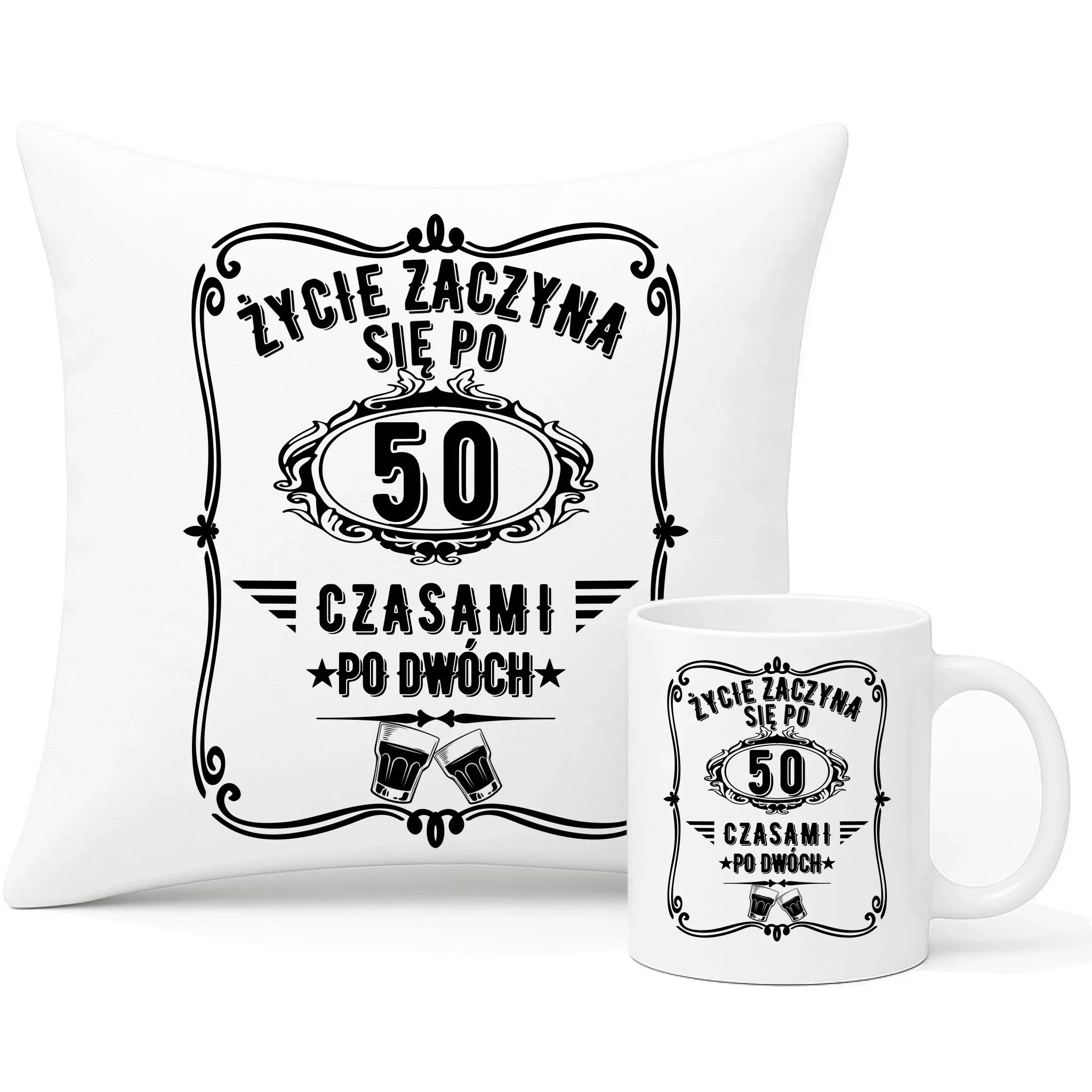 Życie zaczyna się po 50 | Zestaw poduszka i kubek prezent na 50 urodziny U12 - StoryCups.pl