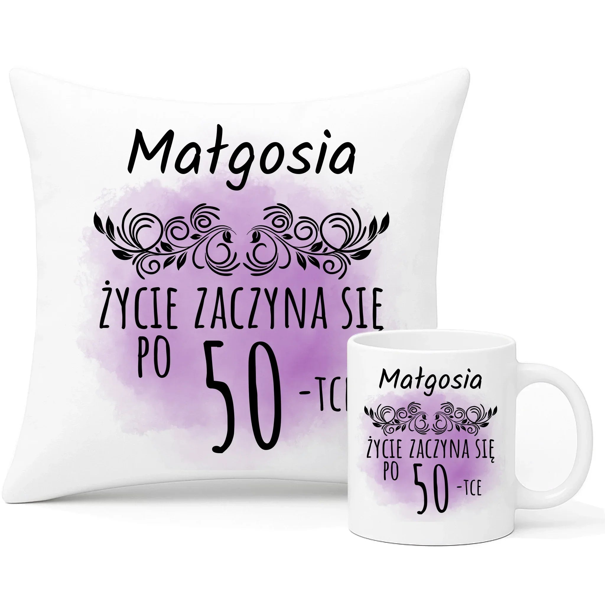 Życie zaczyna się po WIEK | Zestaw poduszka i kubek prezent na urodziny U03 - StoryCups.pl