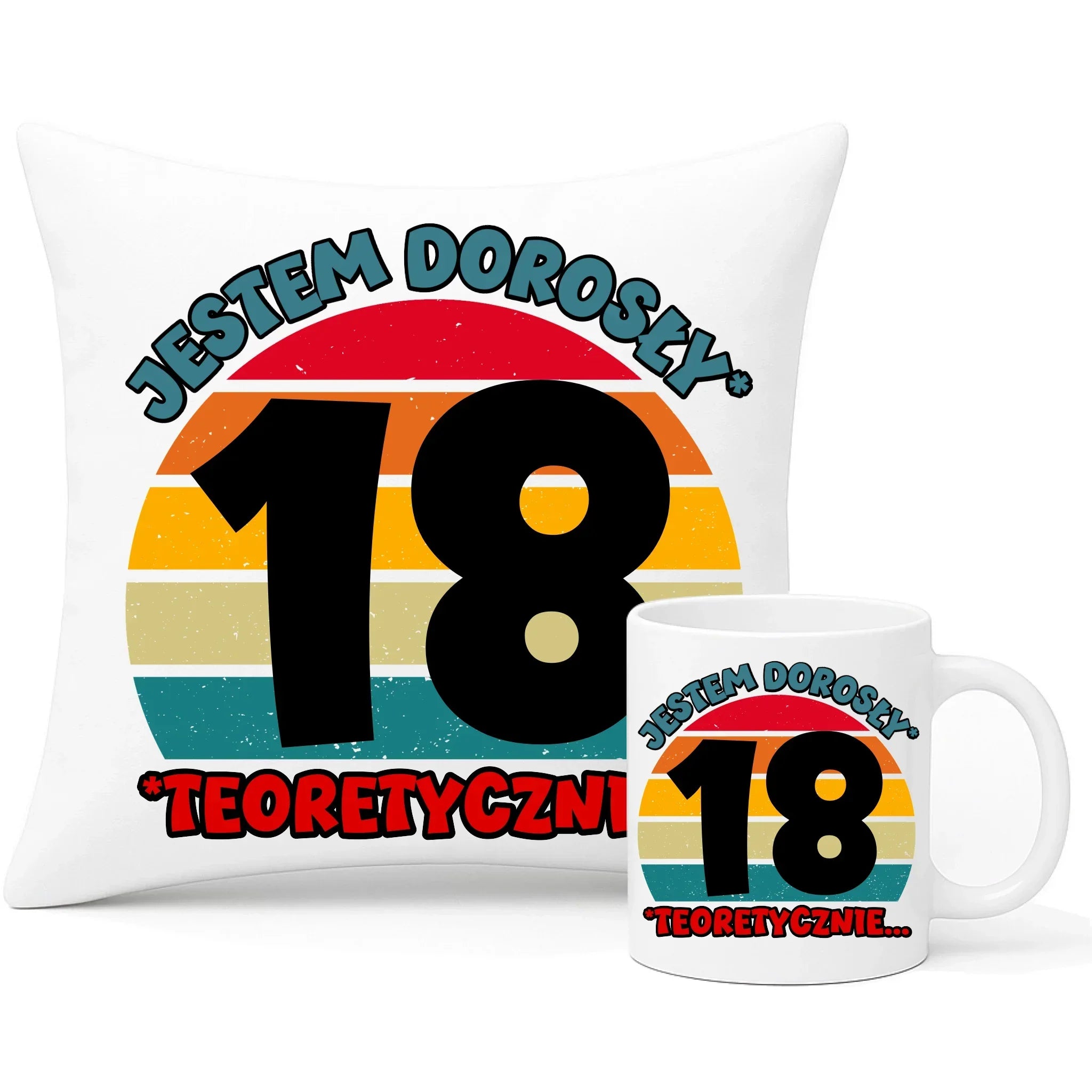 Jestem dorosły 18stka | Zestaw poduszka i kubek prezent na osiemnastkę U07 - StoryCups.pl