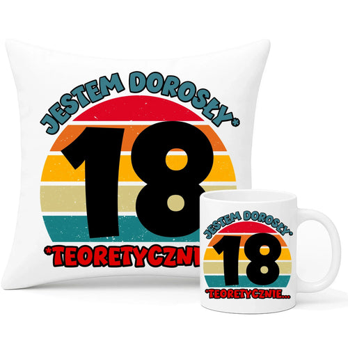 Jestem dorosły 18stka | Zestaw poduszka i kubek prezent na osiemnastkę U07 - StoryCups.pl