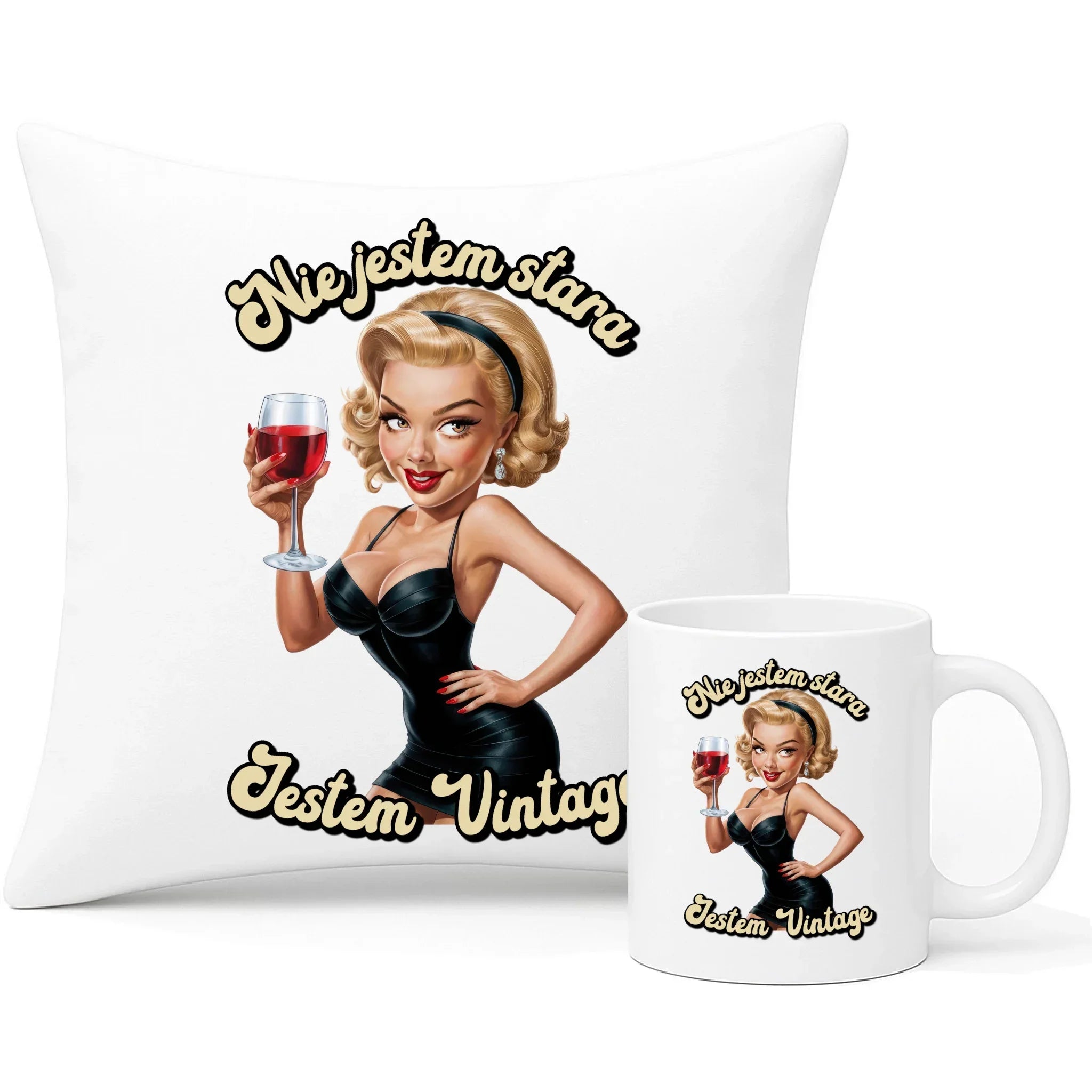 Nie jestem stara jestem vintage | Zestaw poduszka i kubek na urodziny U05 - StoryCups.pl