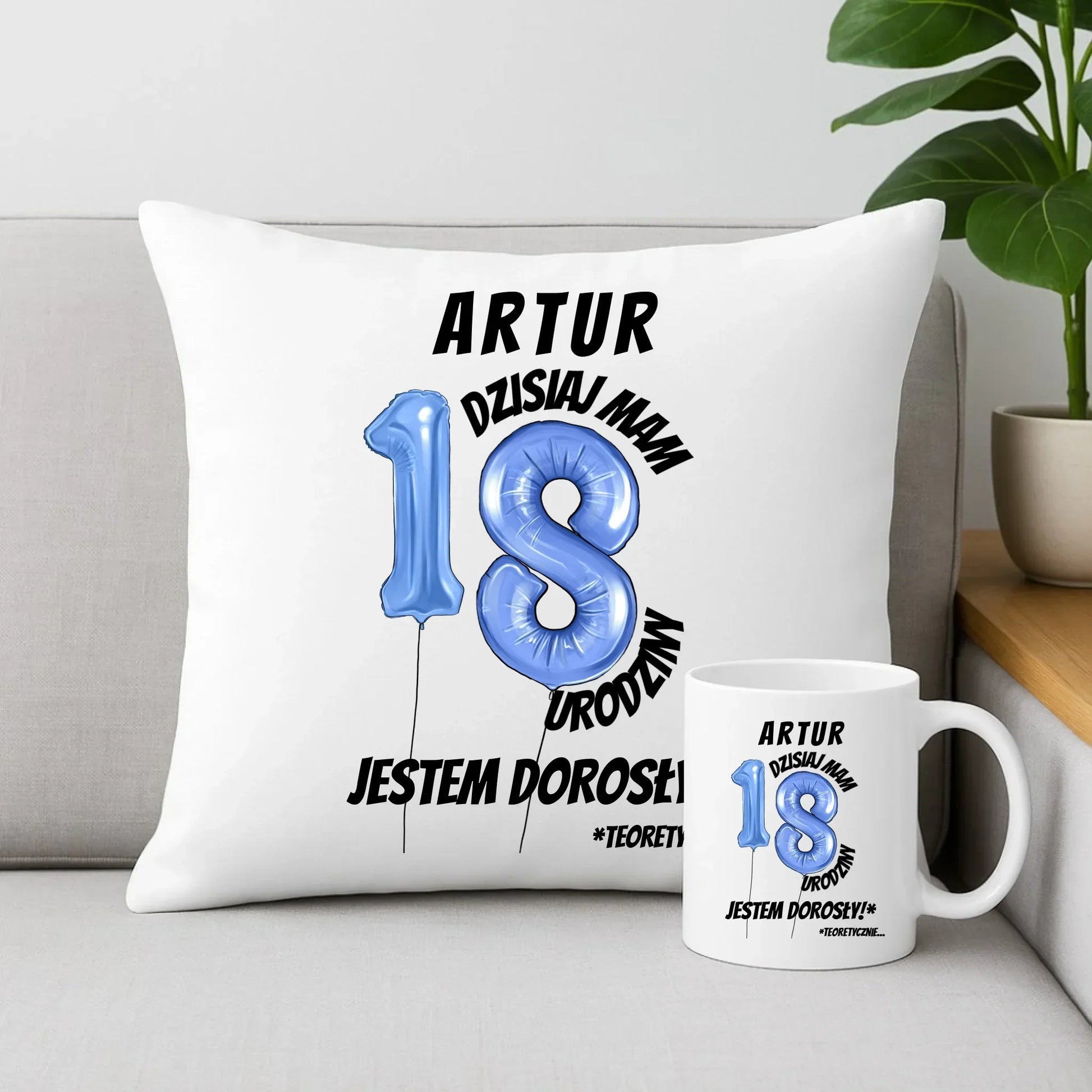 Dzisiaj mam 18. urodziny | Zestaw poduszka i kubek prezent na osiemnastkę U27 - StoryCups.pl