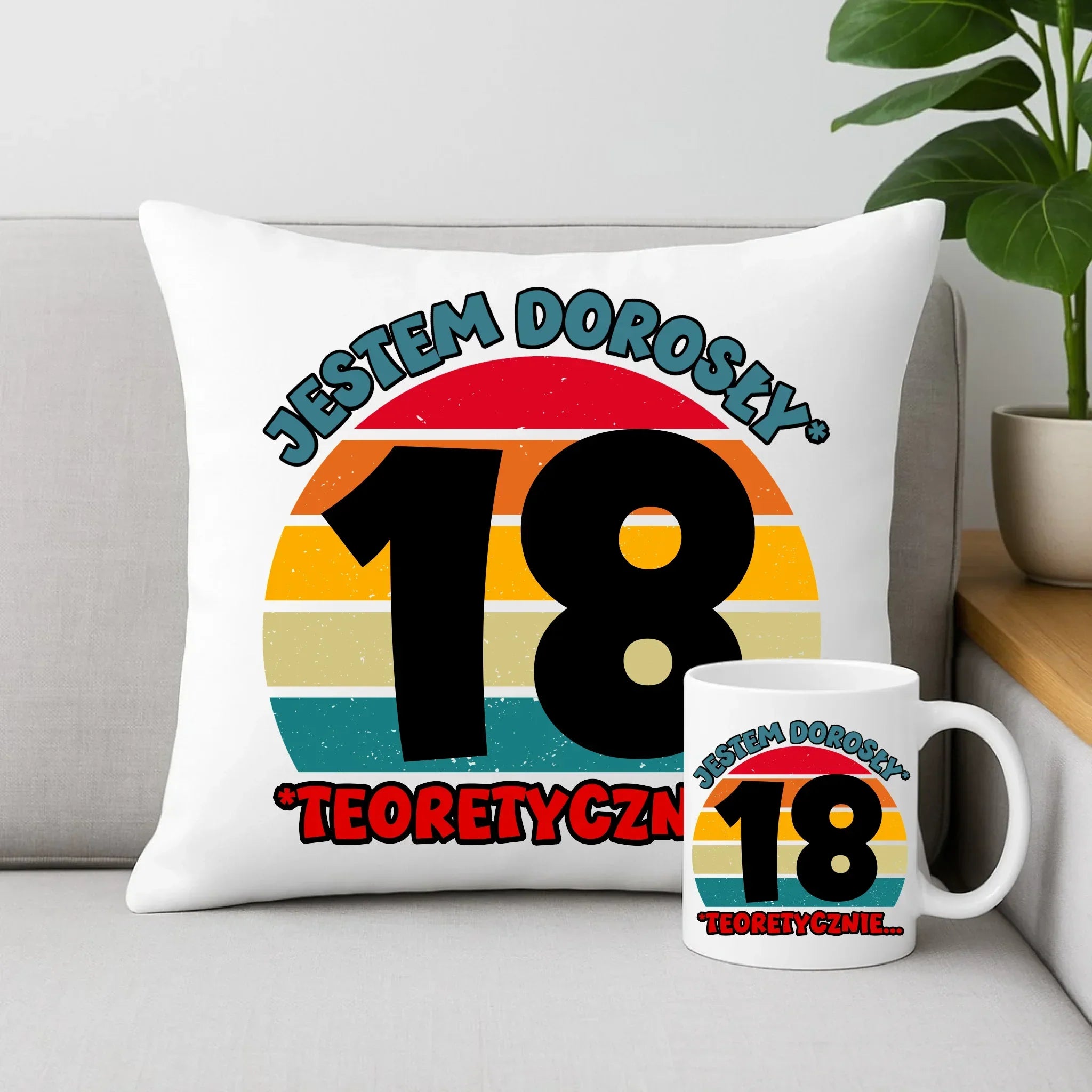 Jestem dorosły 18stka | Zestaw poduszka i kubek prezent na osiemnastkę U07 - StoryCups.pl