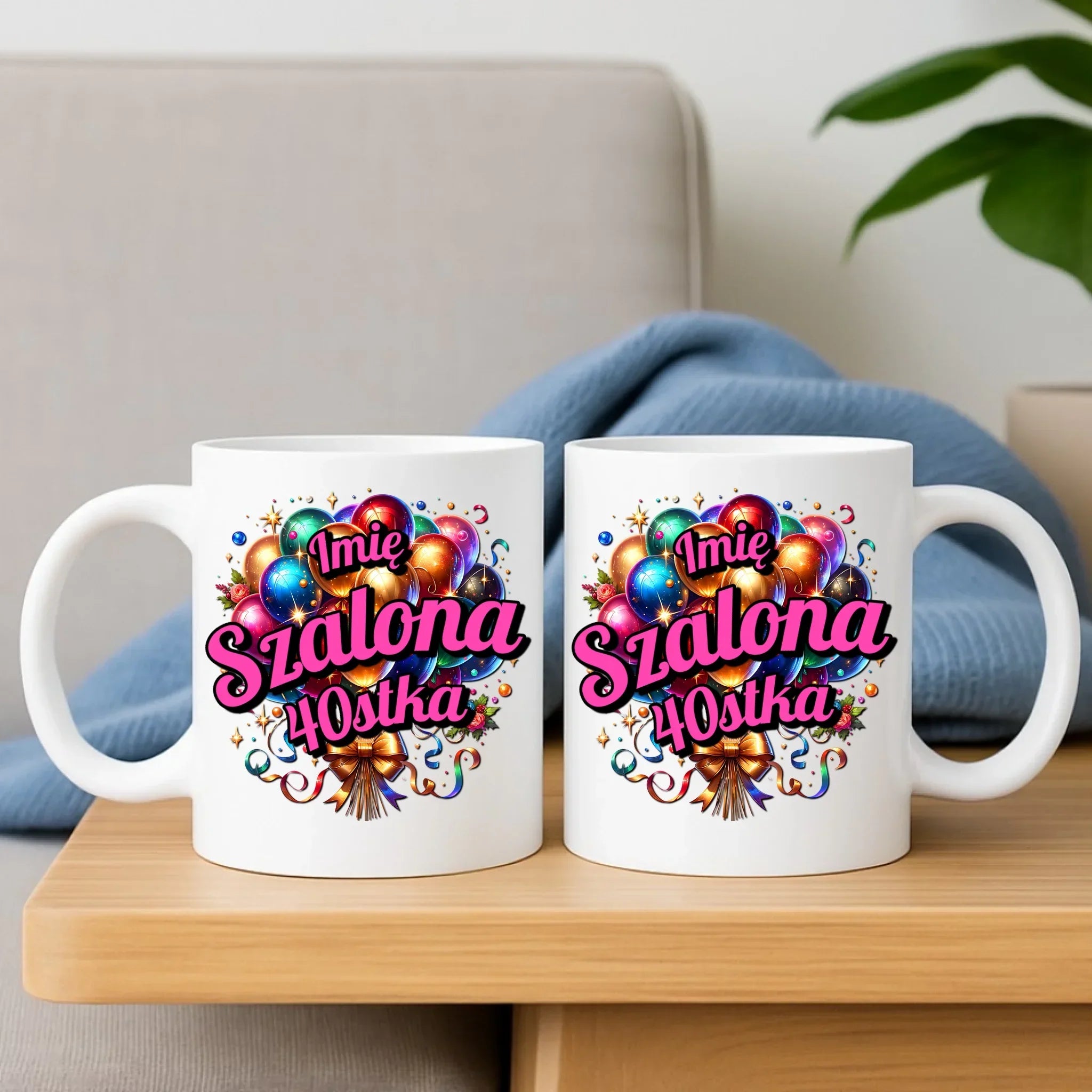 Szalona 40stka - personalizacja | Zestaw poduszka i kubek na urodziny dla niej U14 - StoryCups.pl