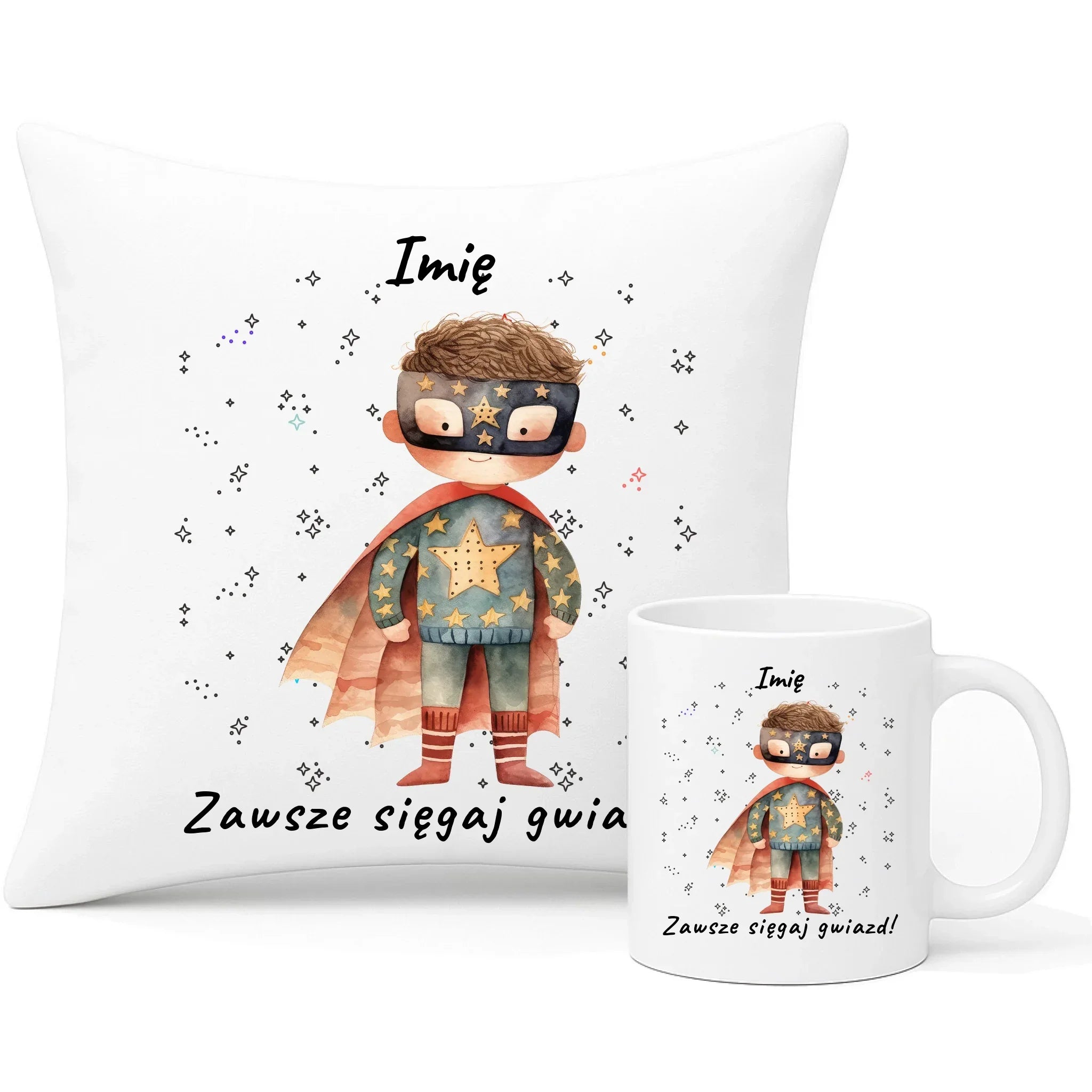 Zawsze sięgaj gwiazd | Zestaw poduszka i kubek dla dziecka DD06 - StoryCups.pl