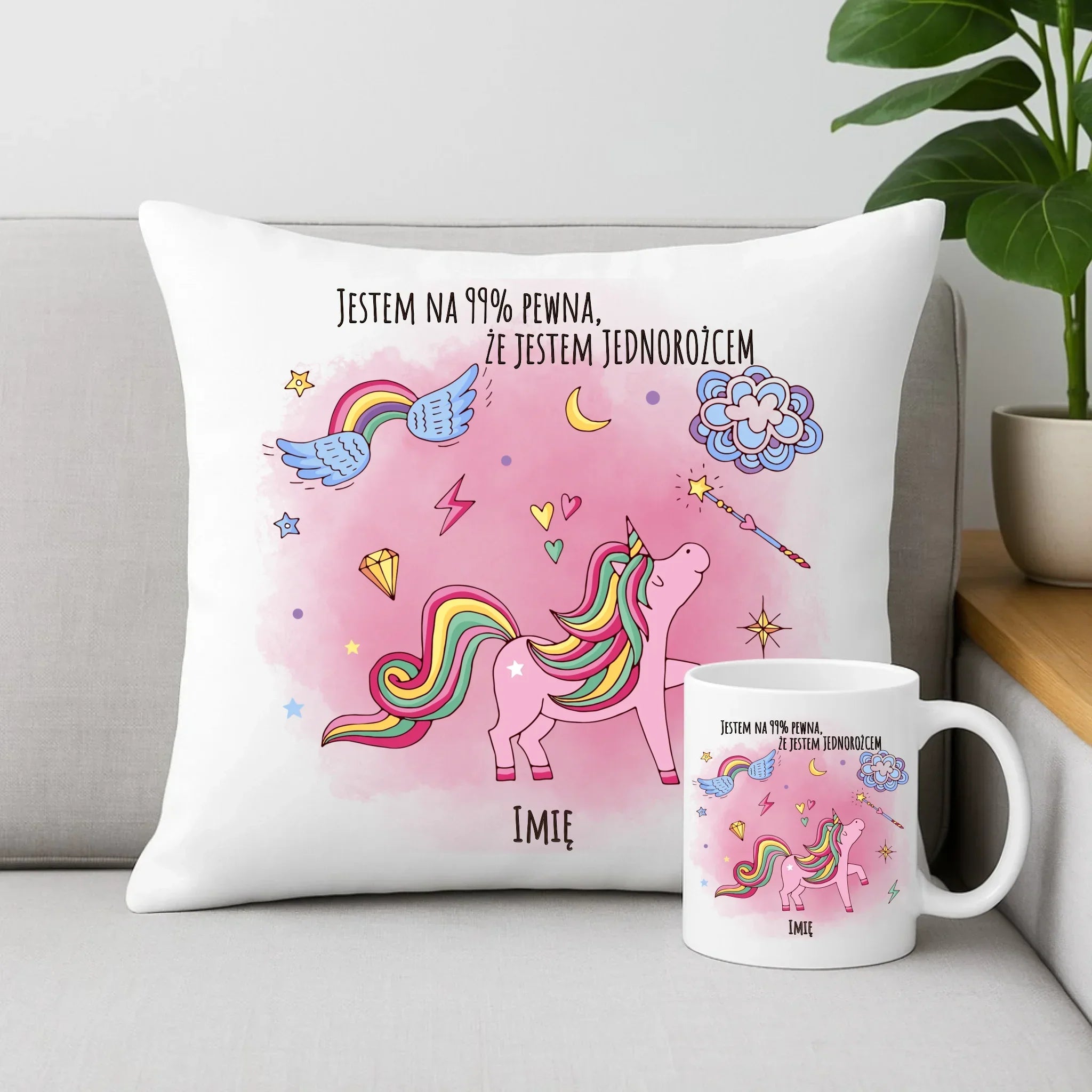 Na 99% jestem jednorożcem | Zestaw poduszka i kubek dla dziecka DD12 - StoryCups.pl