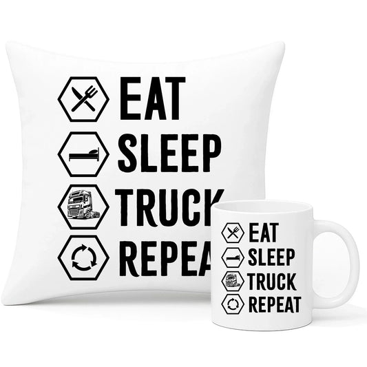 Eat Sleep Truck Repeat | Zestaw poduszka i kubek dla kierowcy tira ZKT05 - StoryCups.pl