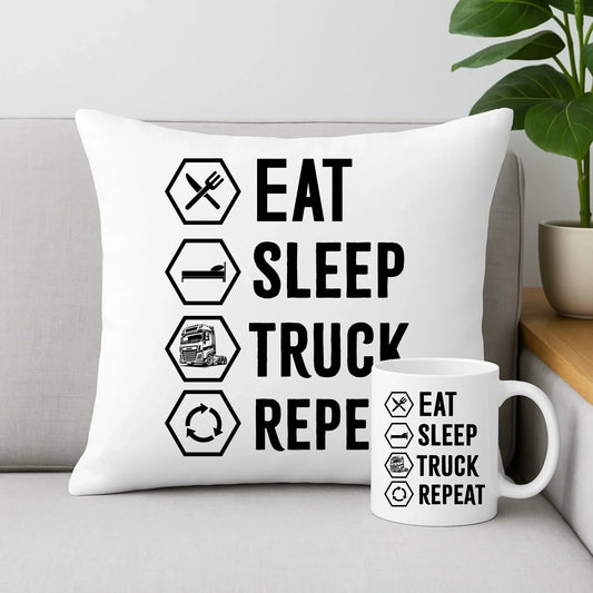 Eat Sleep Truck Repeat | Zestaw poduszka i kubek dla kierowcy tira ZKT05 - StoryCups.pl