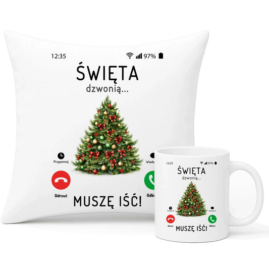 Święta dzwonią muszę iść | Świąteczny zestaw poduszka i kubek BN124 - StoryCups.pl