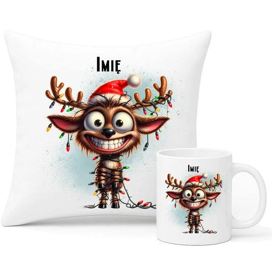 Renifer | Personalizowany zestaw świąteczny poduszka i kubek BN93 - StoryCups.pl