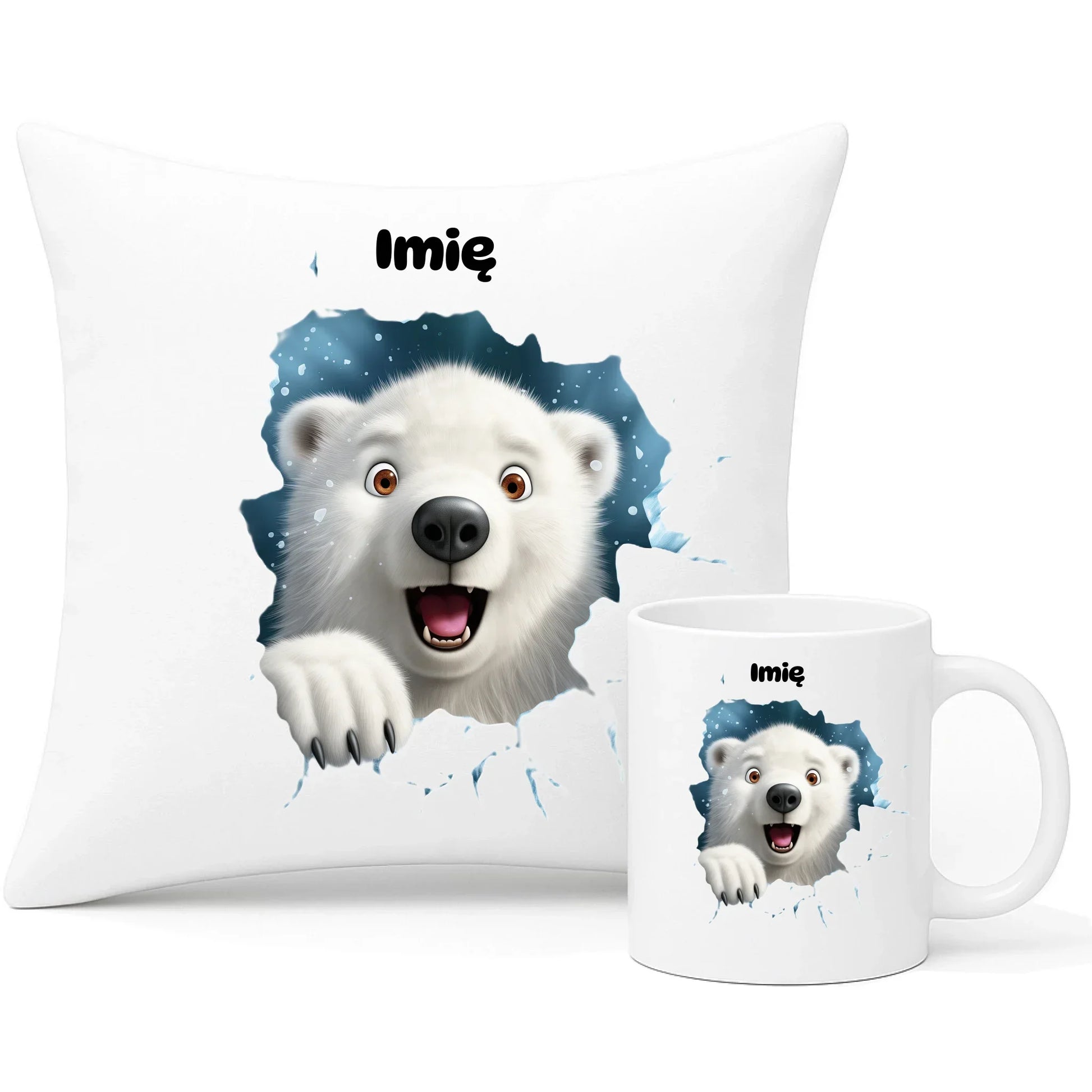 Miś polarny 3D | Personalizowany zestaw świąteczny poduszka i kubek BN86 - StoryCups.pl