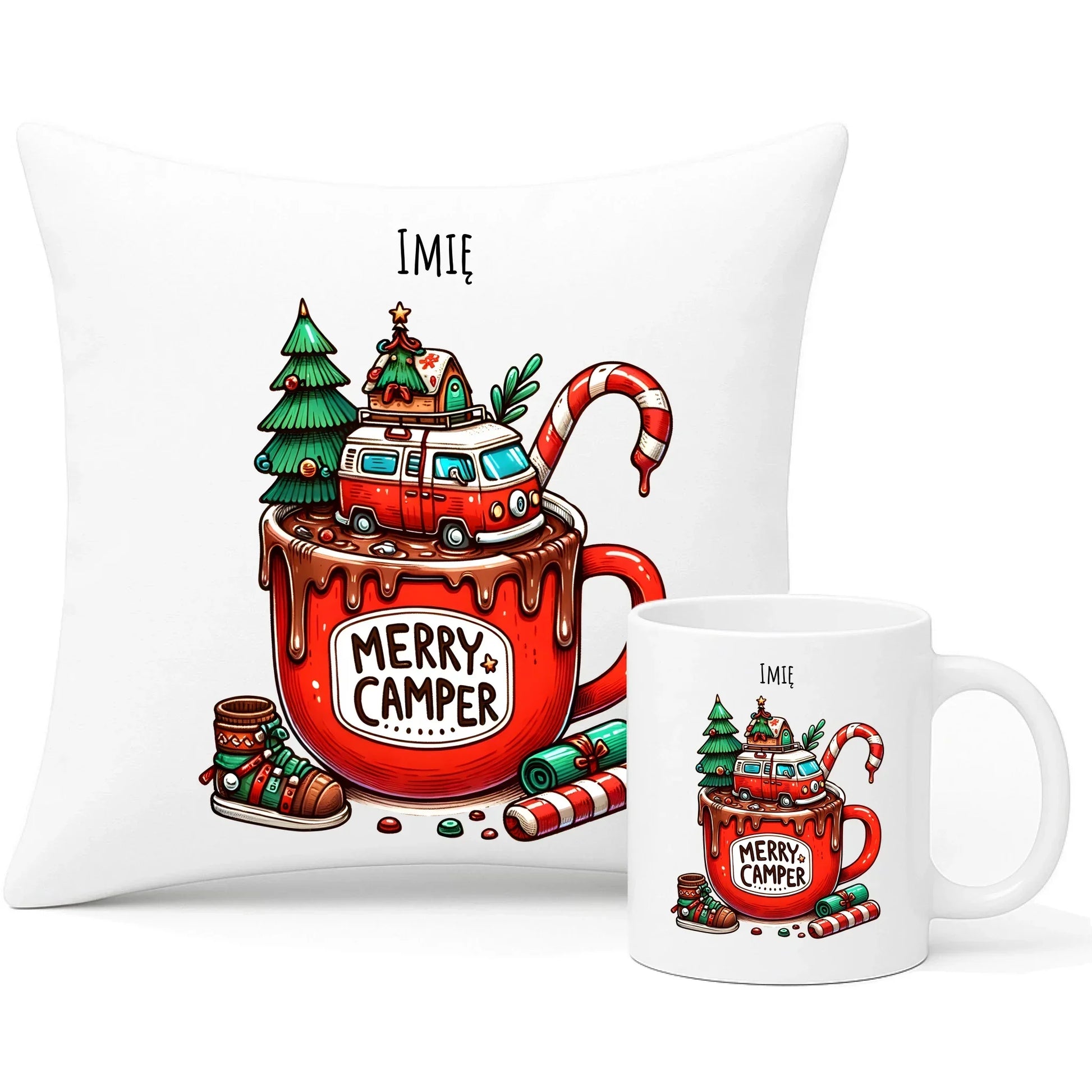Merry Camper | Personalizowany zestaw poduszka i kubek świąteczny BN43 - StoryCups.pl