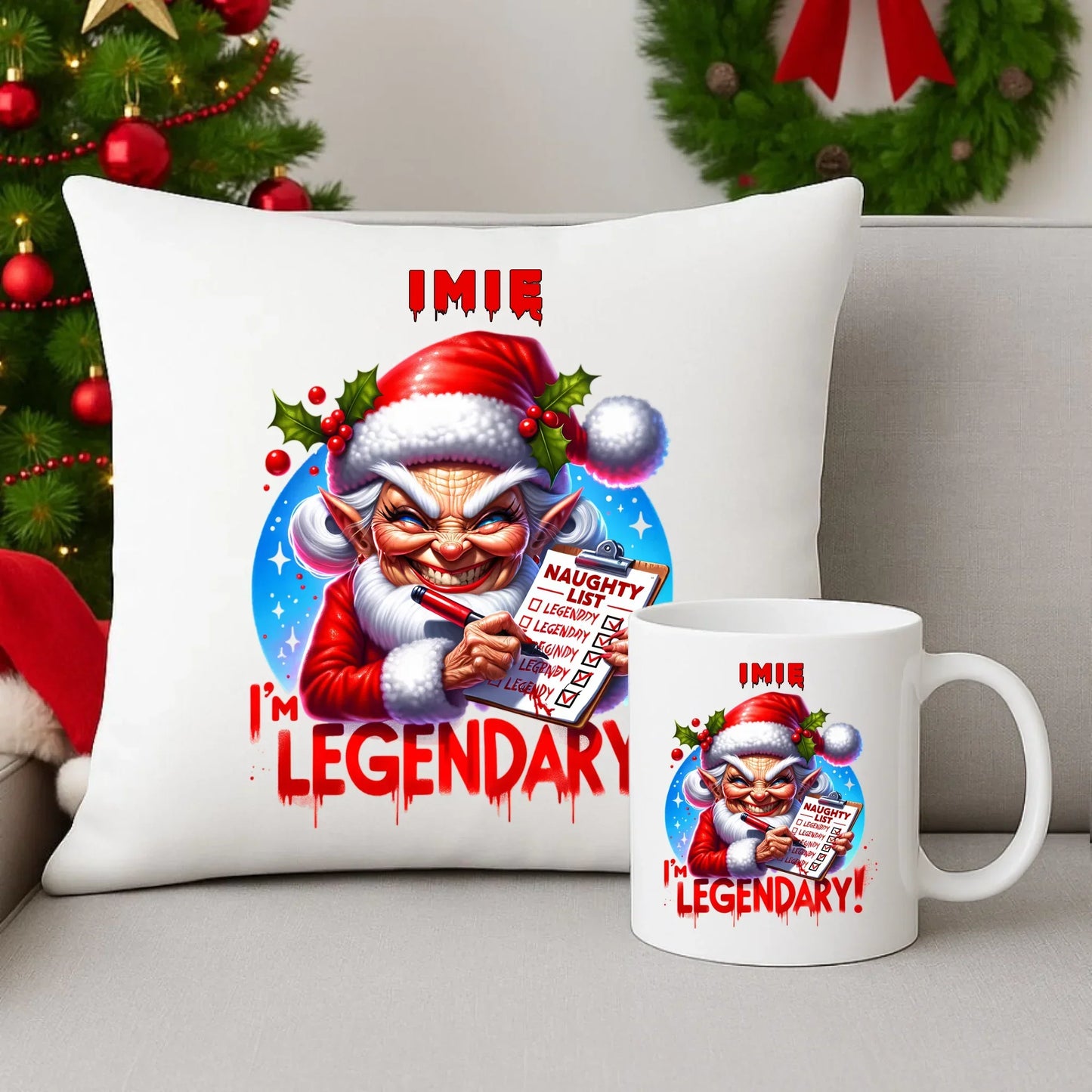 Legendarnie niegrzeczna | Personalizowany zestaw świąteczny poduszka i kubek BN122 - StoryCups.pl