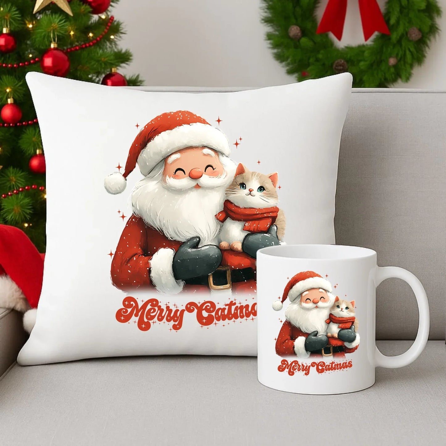 Merry Catmas | Świąteczny zestaw poduszka i kubek BN38 - StoryCups.pl