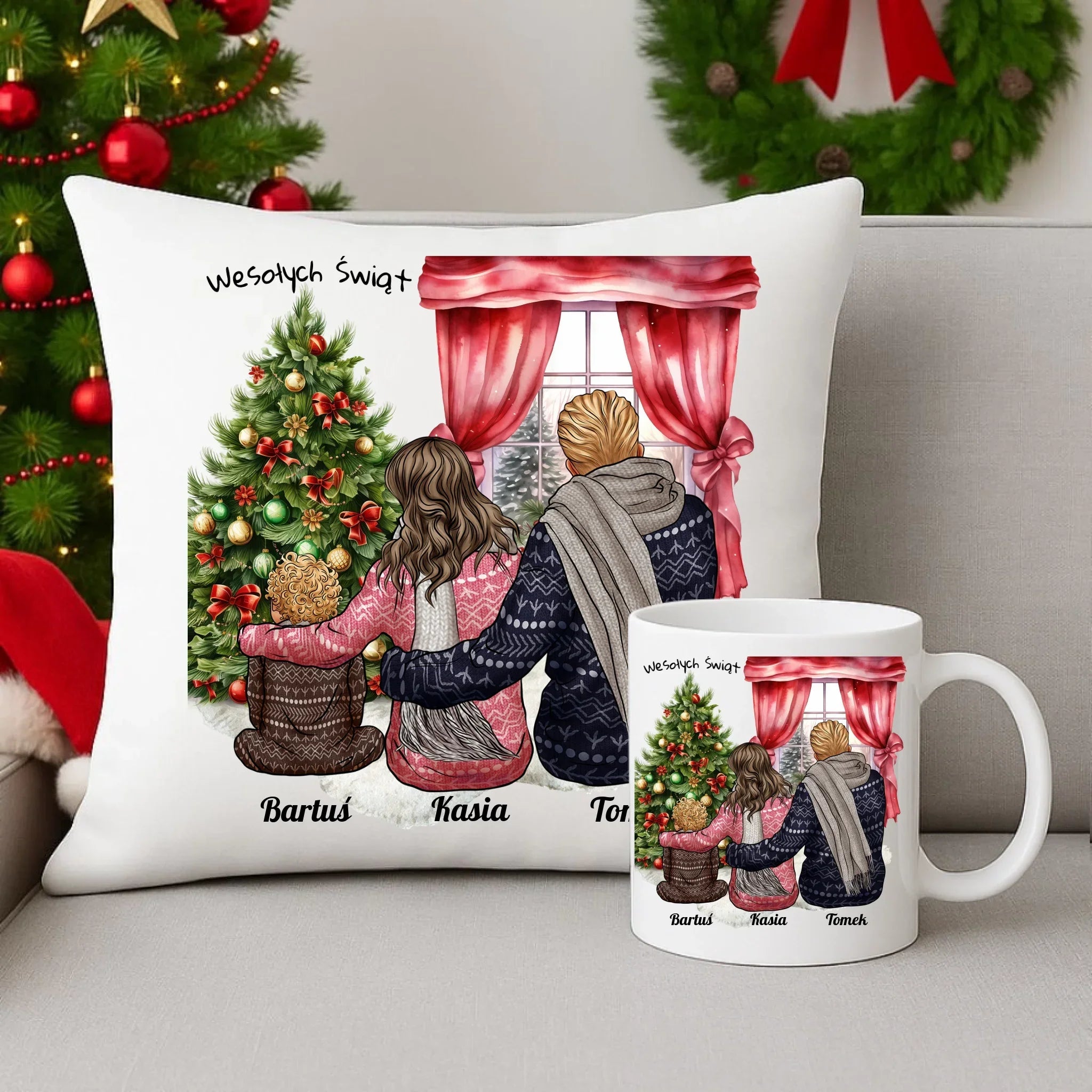 Świąteczna rodzina | Personalizowany zestaw poduszka i kubek na święta R01 - StoryCups.pl