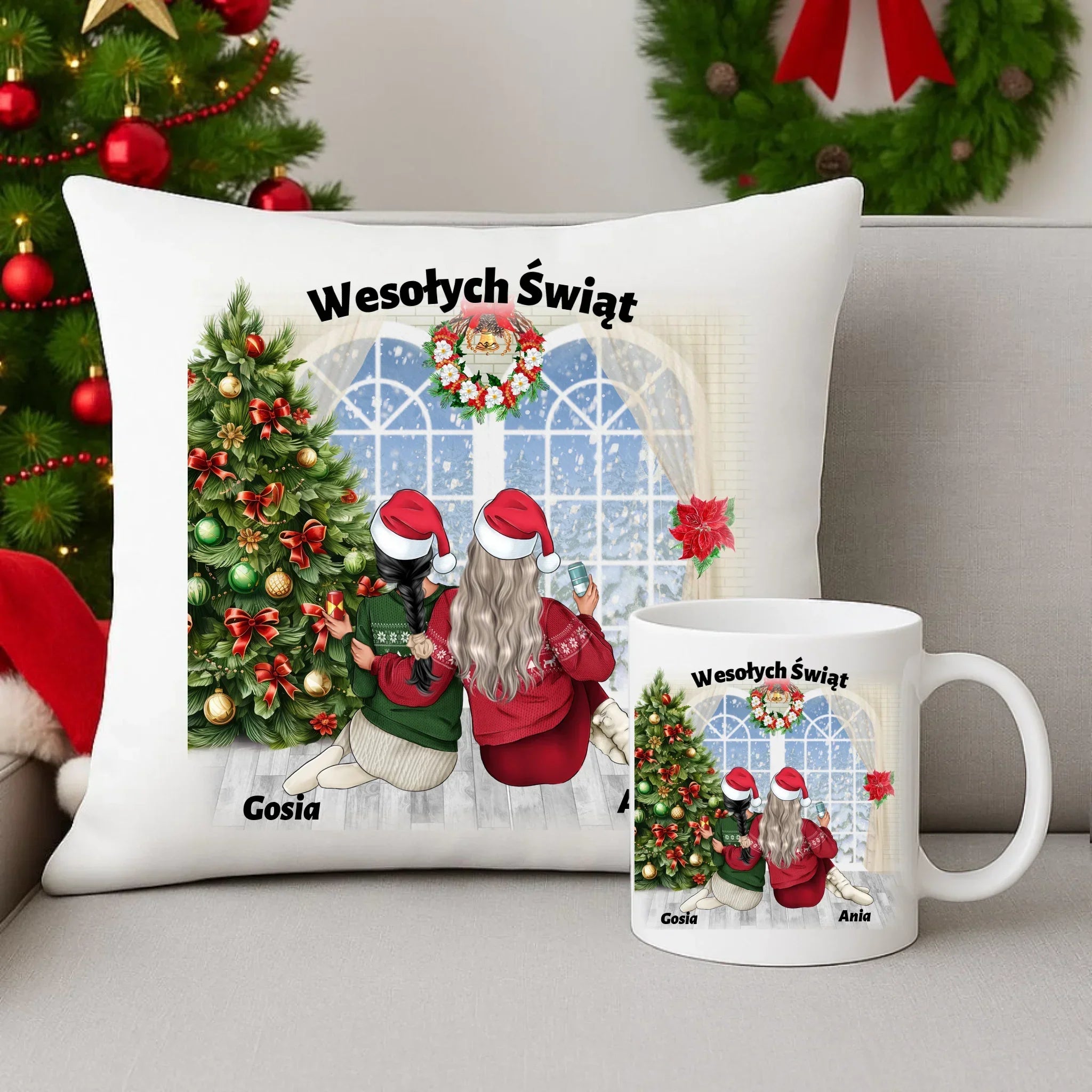 Prezent na Święta dla przyjaciółki 2-4 osoby | Personalizowany zestaw poduszka i kubek P05 - StoryCups.pl