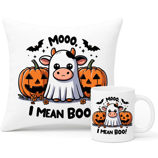 Zestaw poduszka i kubek na Halloween na Halloween - Mooo I mean Boo! - z dynią i duchem HL14 - StoryCups.pl