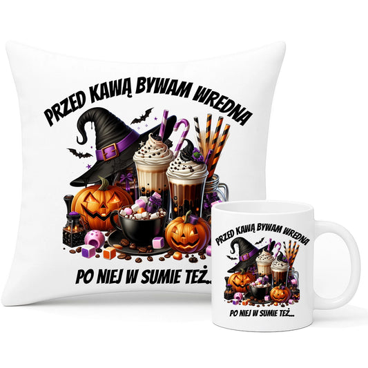 Zestaw poduszka i kubek Halloween – Przed kawą bywam wredna, po niej w sumie też HL30