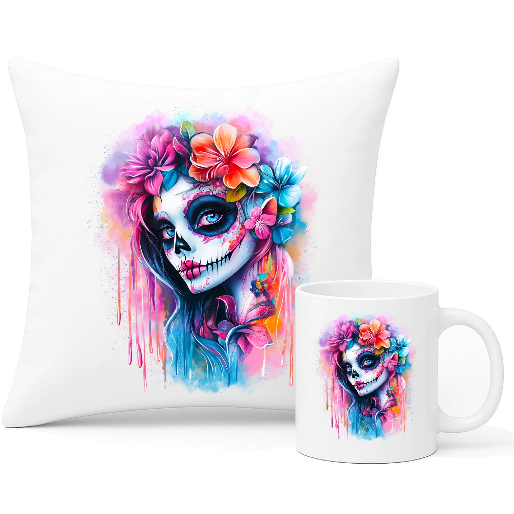 Zestaw poduszka i kubek Halloween - kolorowa czaszka z kwiatami La Muerte HL05 - StoryCups.pl