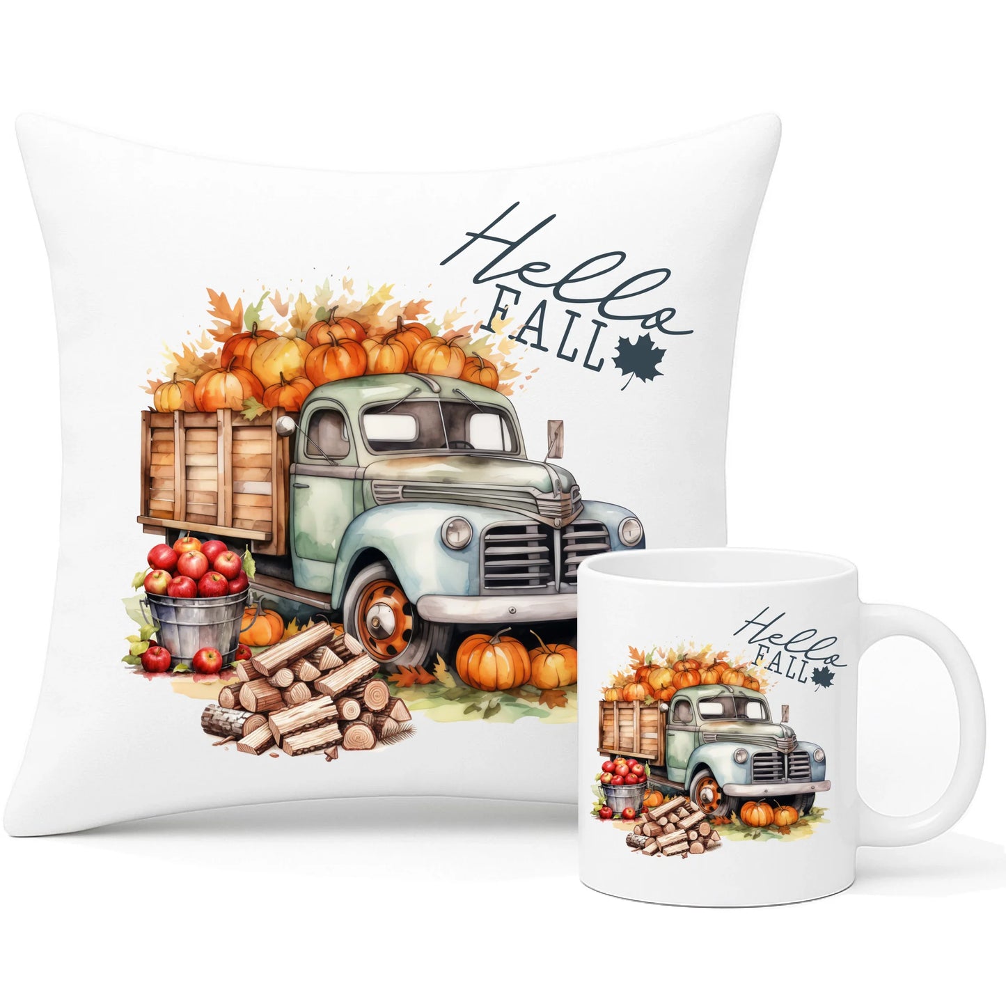 Zestaw poduszka i kubek – Hello Fall ciężarówka z dyniami JS08 - StoryCups.pl