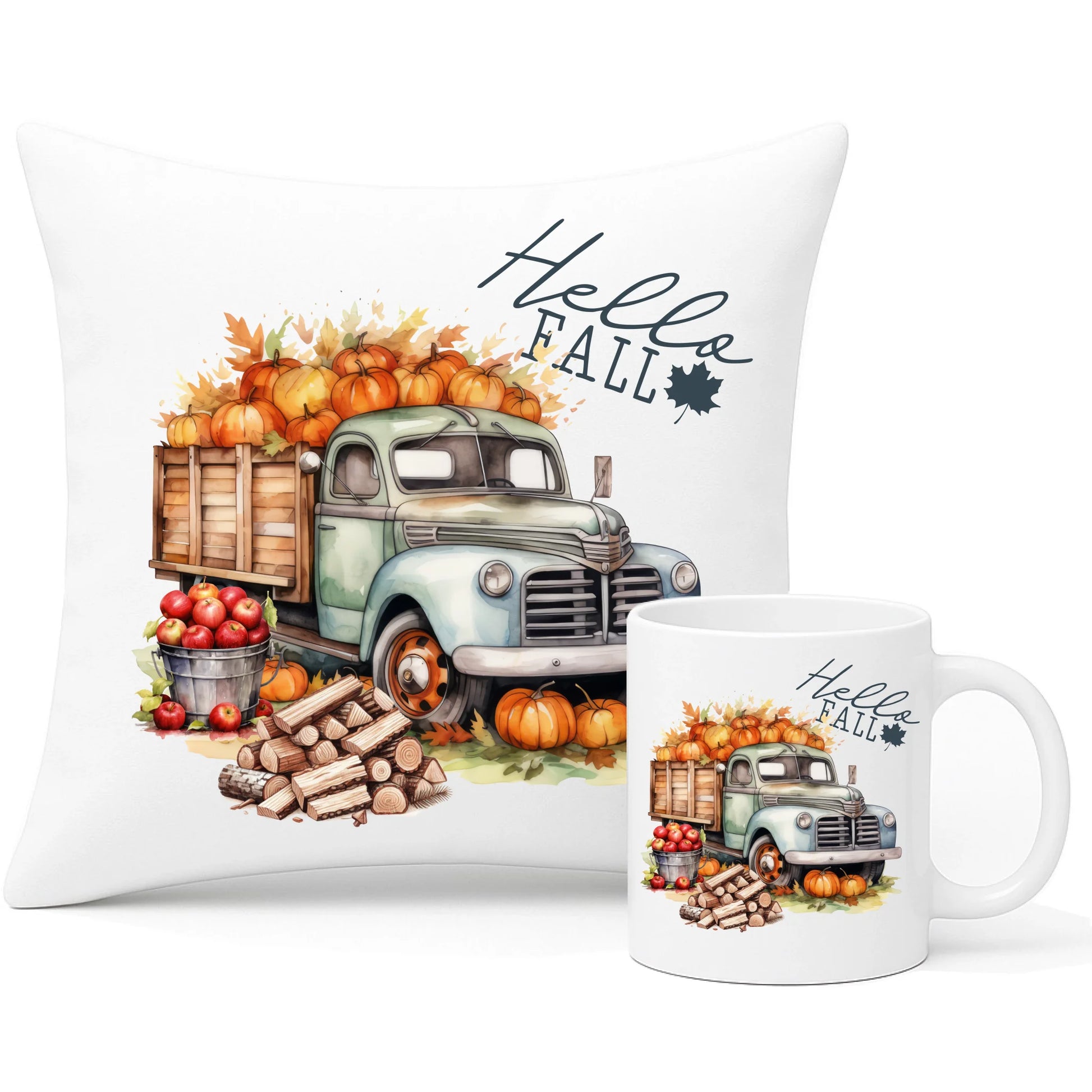 Zestaw poduszka i kubek – Hello Fall ciężarówka z dyniami JS08 - StoryCups.pl