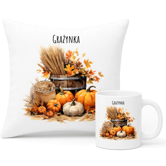 Zestaw poduszka i kubek na jesień - Harvest vibes - personalizowany JS09 - StoryCups.pl