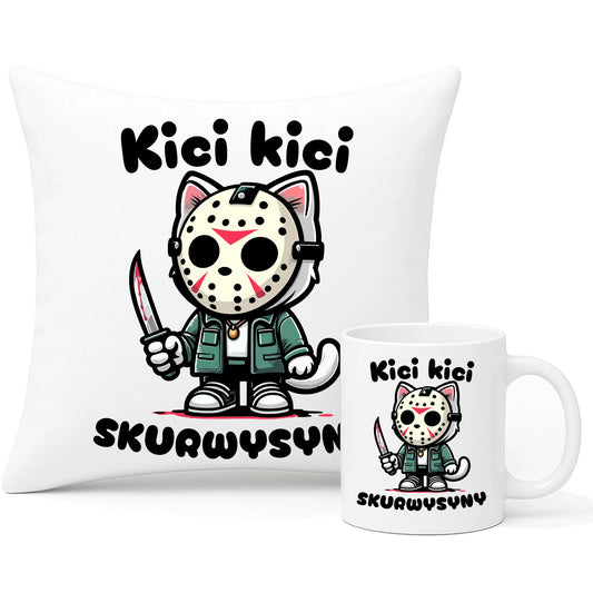 Zestaw poduszka i kubek na Halloween - Kici kici skurwysyny HL28