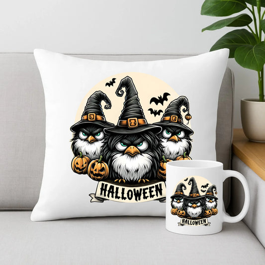 Zestaw poduszka i kubek na Halloween - Upiorne sowy wiedźmy HL15 - StoryCups.pl