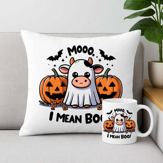 Zestaw poduszka i kubek na Halloween na Halloween - Mooo I mean Boo! - z dynią i duchem HL14 - StoryCups.pl