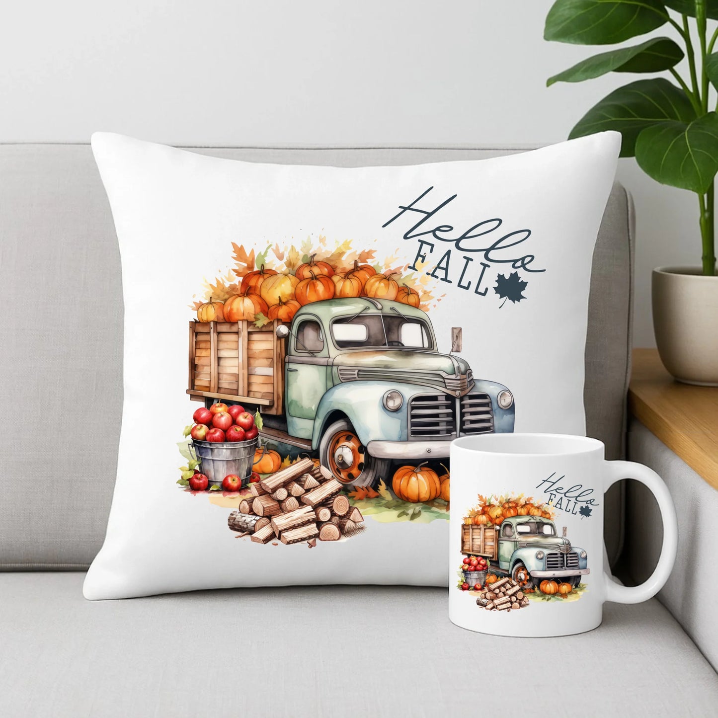 Zestaw poduszka i kubek – Hello Fall ciężarówka z dyniami JS08 - StoryCups.pl