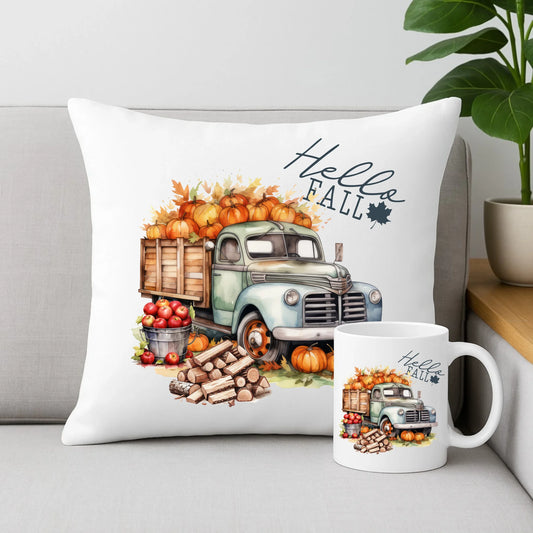Zestaw poduszka i kubek – Hello Fall ciężarówka z dyniami JS08 - StoryCups.pl
