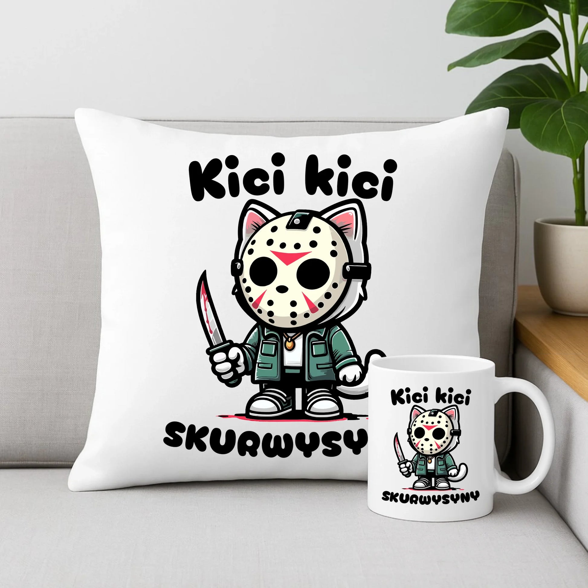 Zestaw poduszka i kubek na Halloween - Kici kici sk*rwysyny - bez cenzury HL28 - StoryCups.pl