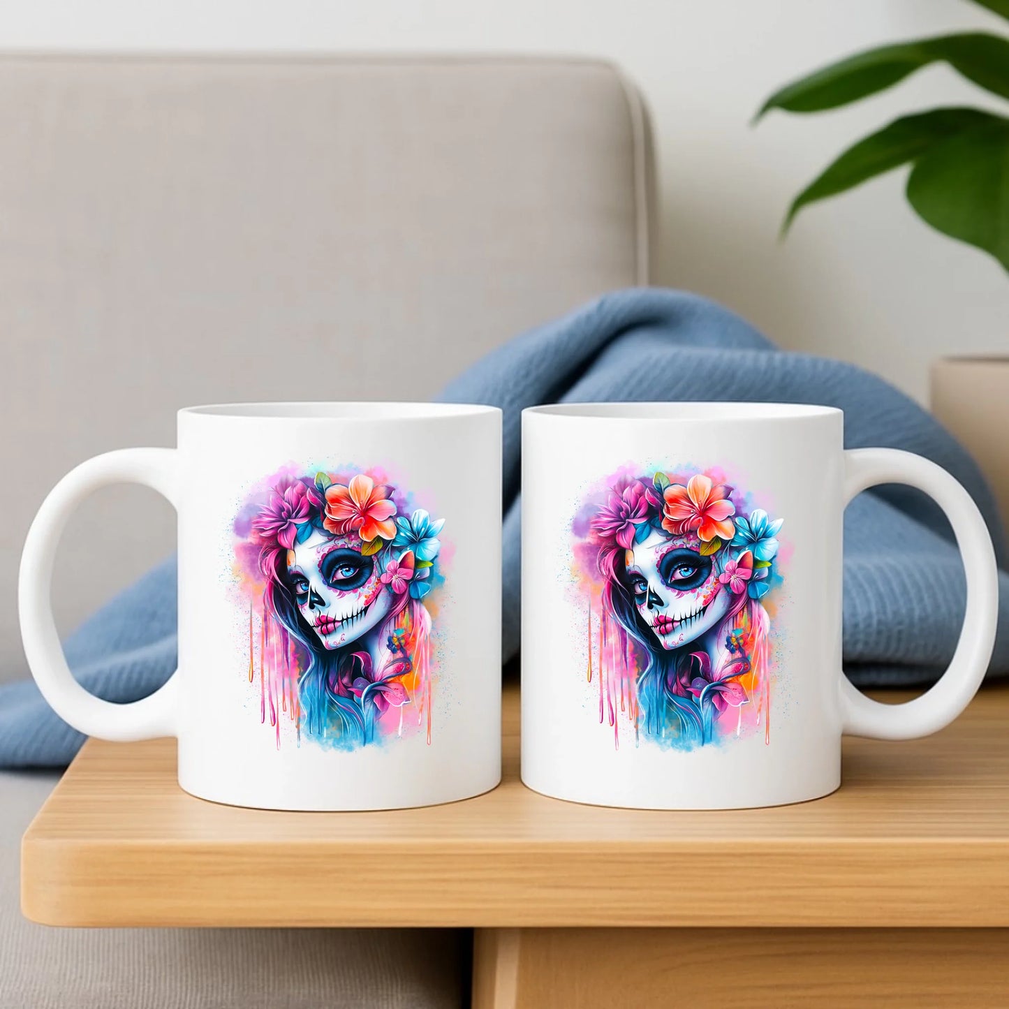 Zestaw poduszka i kubek Halloween - kolorowa czaszka z kwiatami La Muerte HL05 - StoryCups.pl