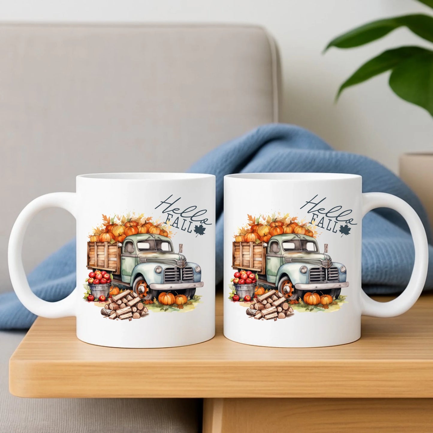 Zestaw poduszka i kubek – Hello Fall ciężarówka z dyniami JS08 - StoryCups.pl