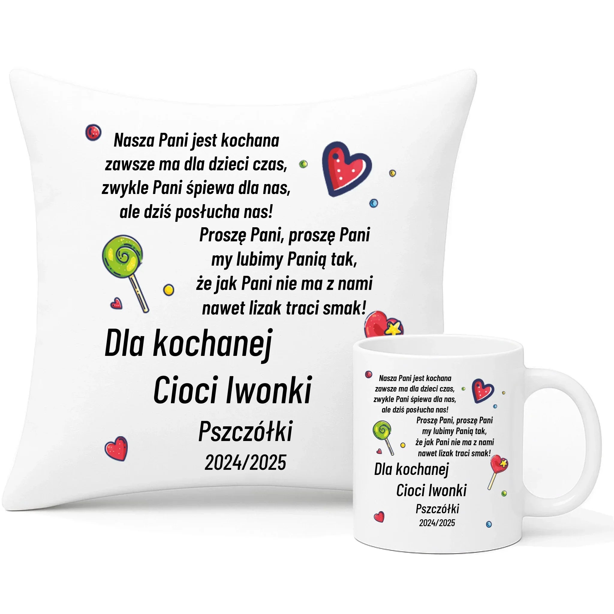 Zestaw poduszka i kubek z wierszykiem dla przedszkolanki na prezent Zakończenie Przedszkola N16 - StoryCups.pl