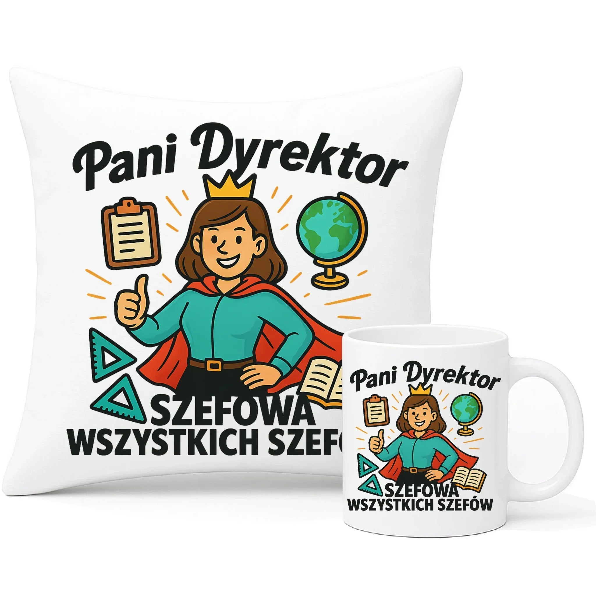 Szefowa wszystkich szefów | Zestaw poduszka i kubek dla Pani Dyrektor Szkoły N29 - StoryCups.pl