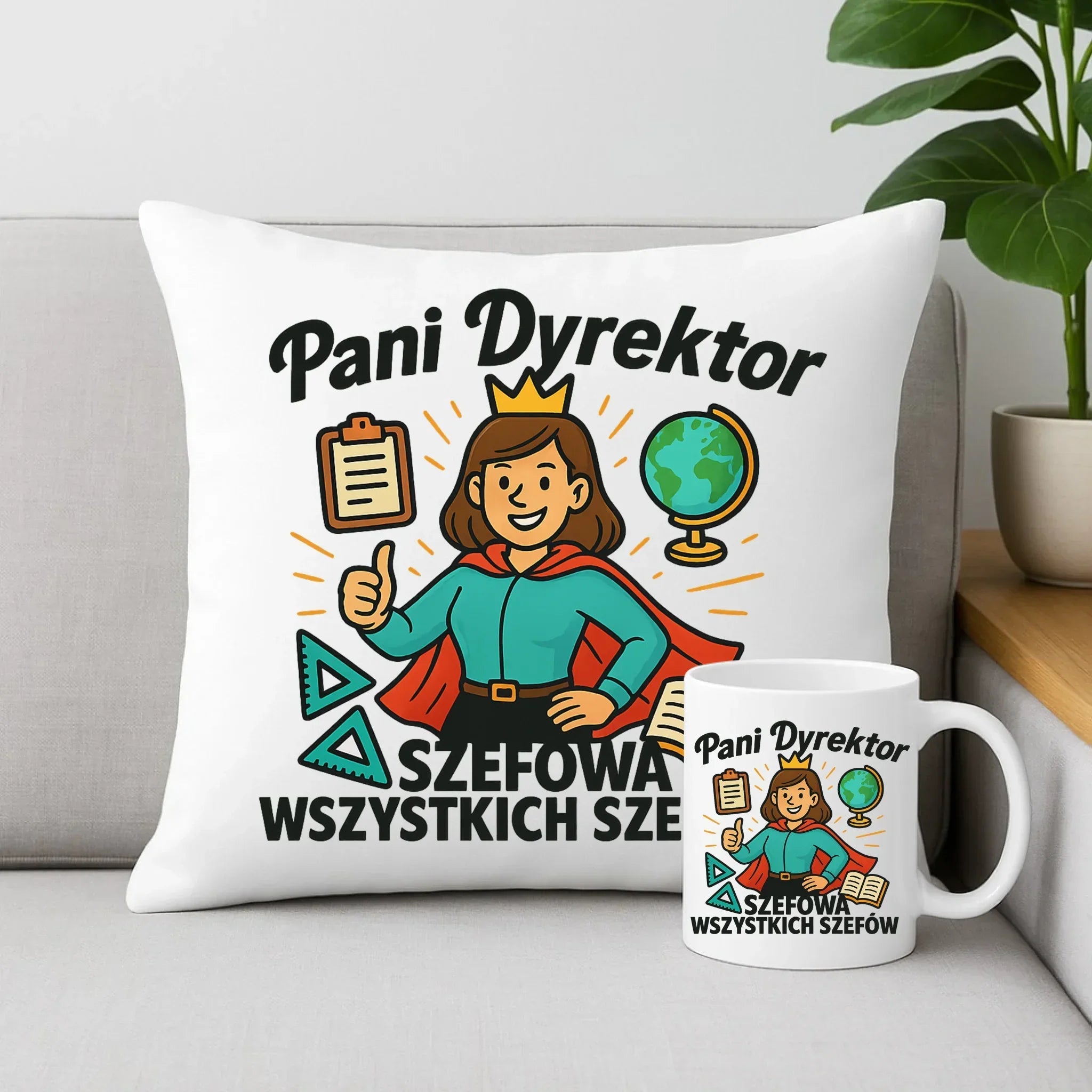 Szefowa wszystkich szefów | Zestaw poduszka i kubek dla Pani Dyrektor Szkoły N29 - StoryCups.pl