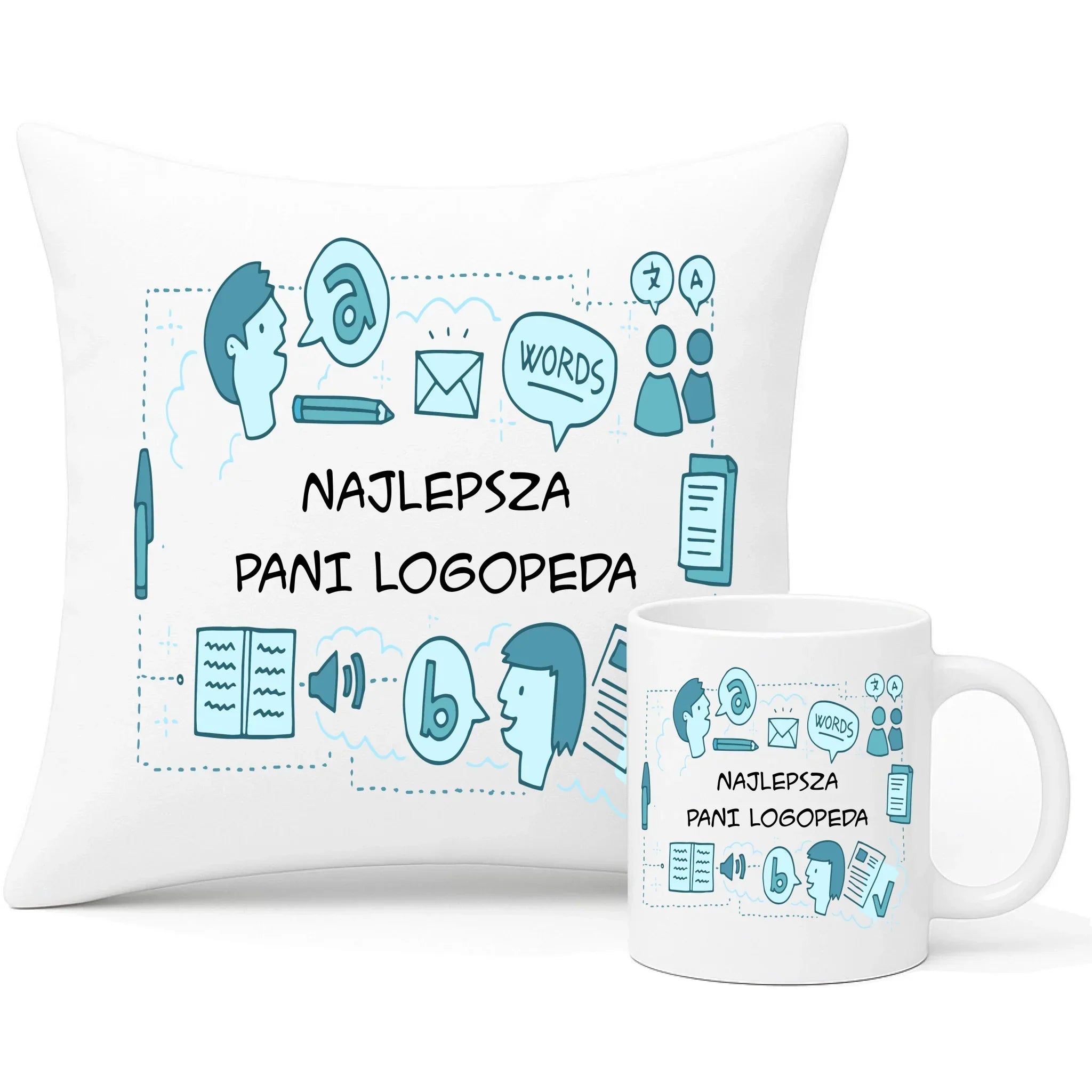 Najlepsza pani logopeda | Zestaw poduszka i kubek prezent dla logopedy N63 - StoryCups.pl