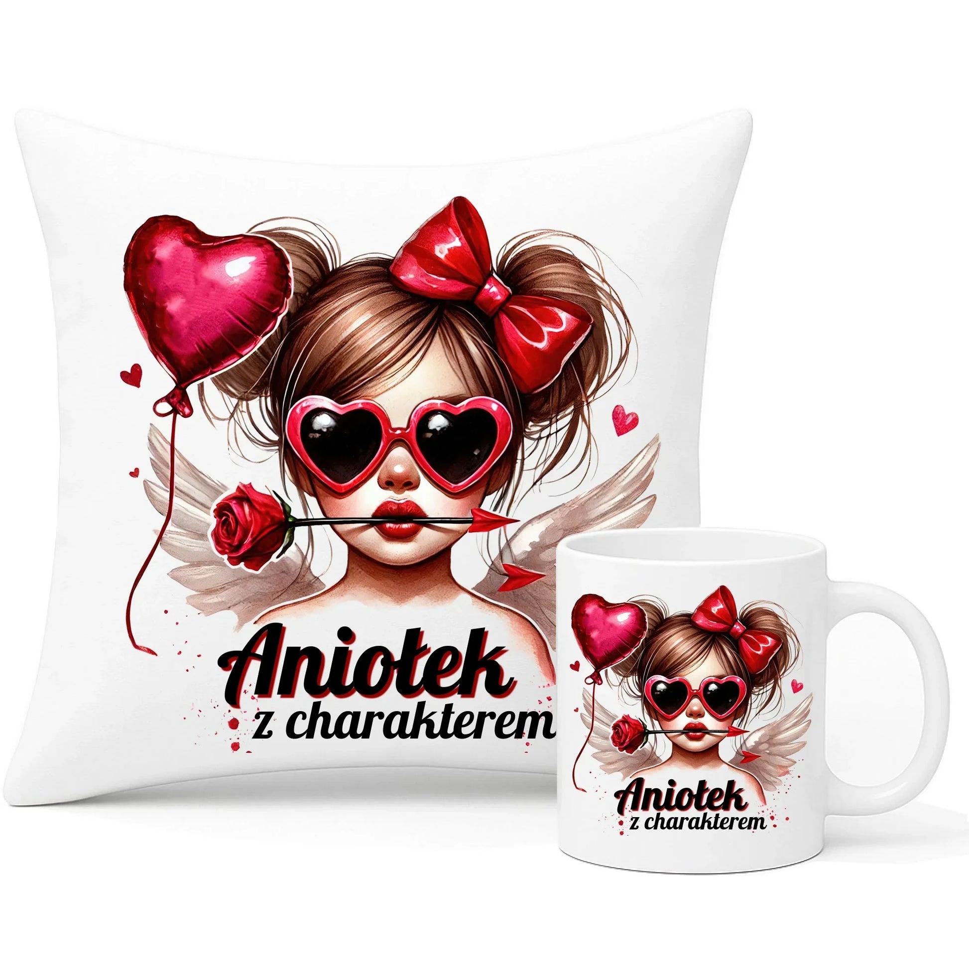 Aniołek z charakterem | Zestaw poduszka i kubek W58 - StoryCups.pl