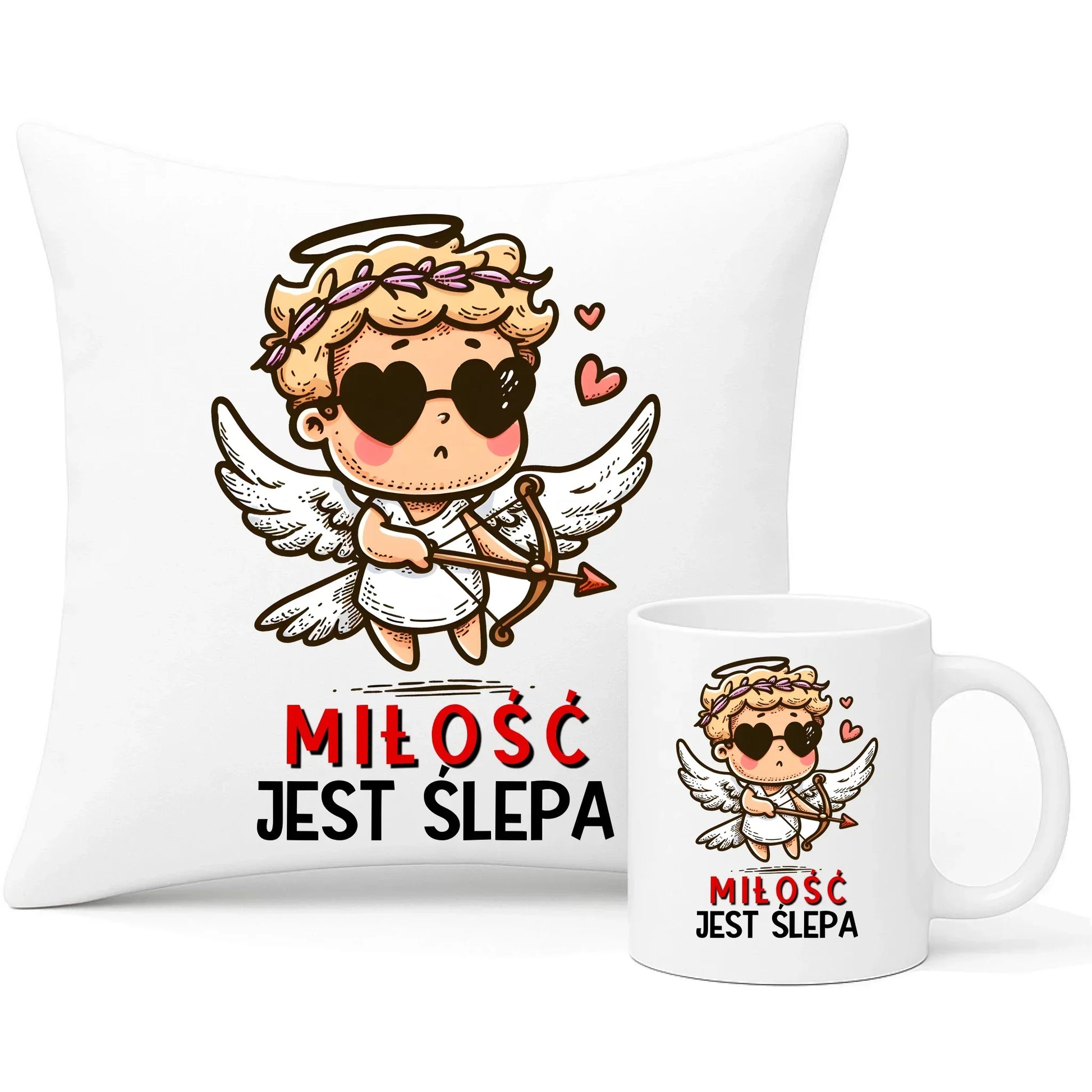 Miłość jest ślepa | Zestaw poduszka i kubek W48 - StoryCups.pl