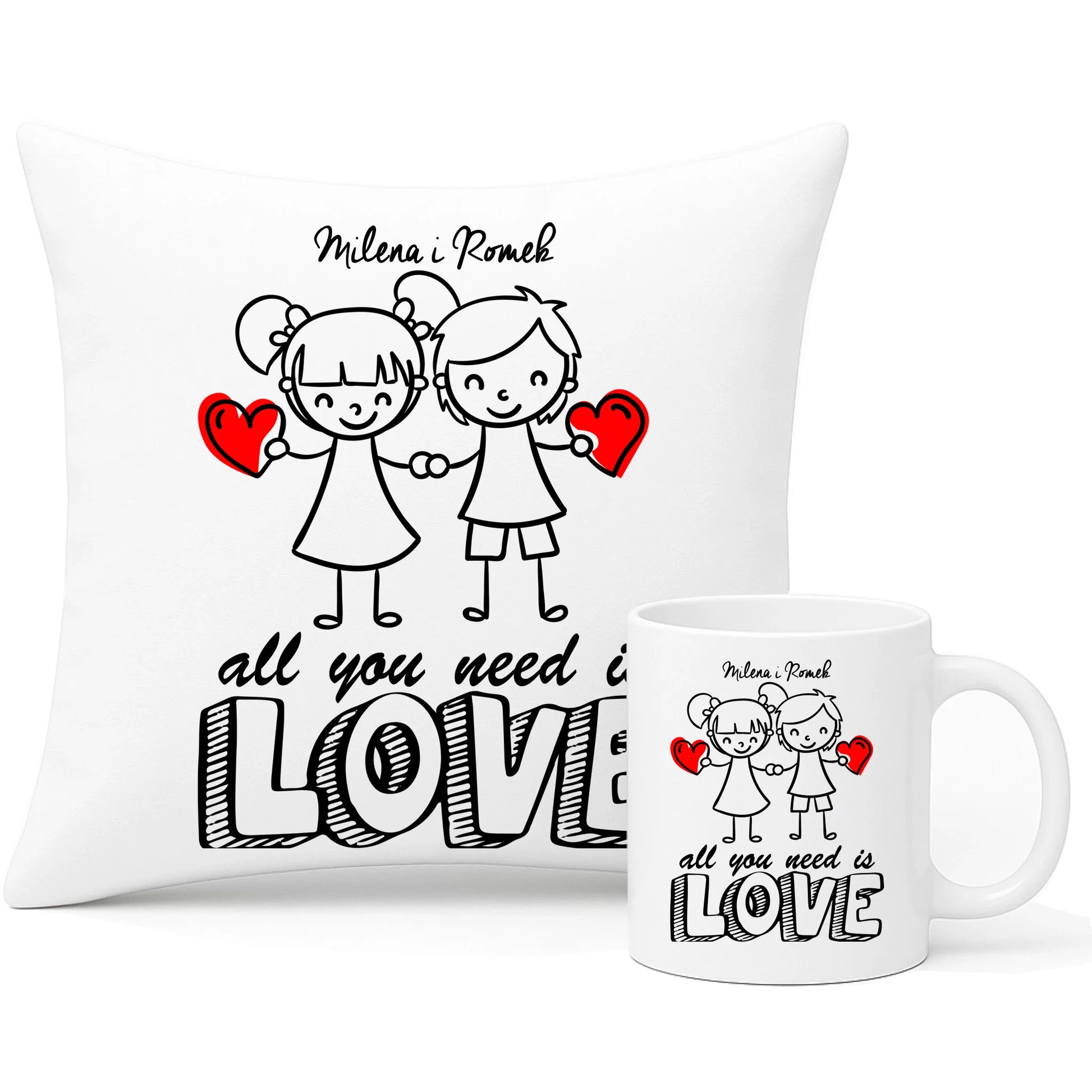 Zestaw poduszka i kubek dla par - prezent dla chłopaka i dziewczyny - Love - personalizowany W13 - StoryCups.pl
