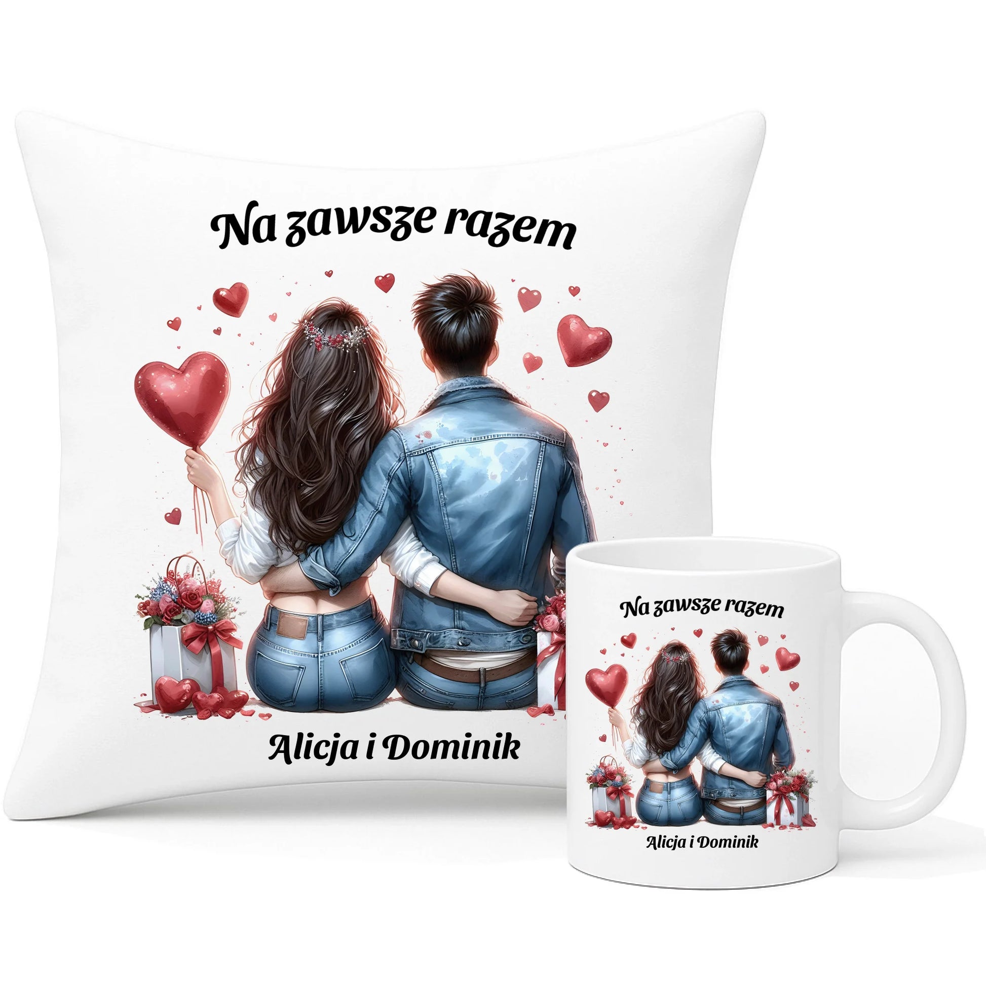 Zestaw poduszka i kubek dla par - prezent dla dziewczyny i chłopaka - Na zawsze razem - personalizowany W07 - StoryCups.pl