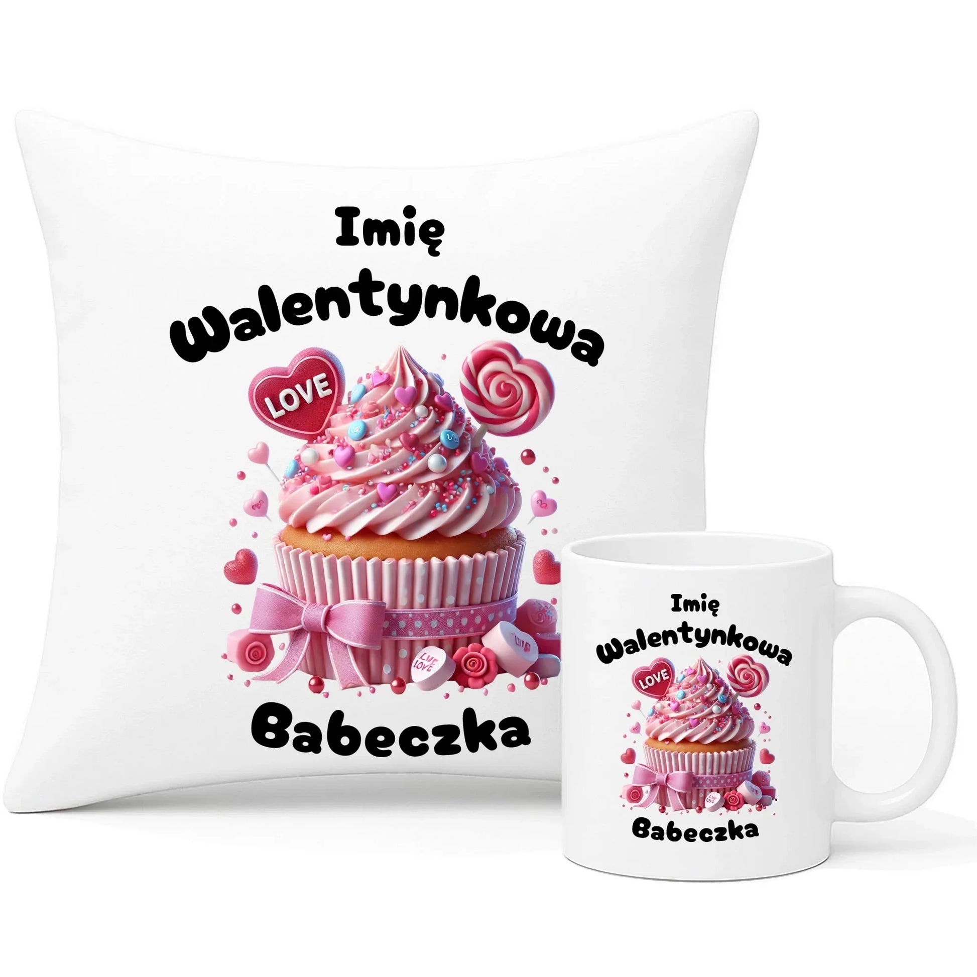 Walentynkowa babeczka imię | Zestaw poduszka i kubek na Walentynki W21 - StoryCups.pl