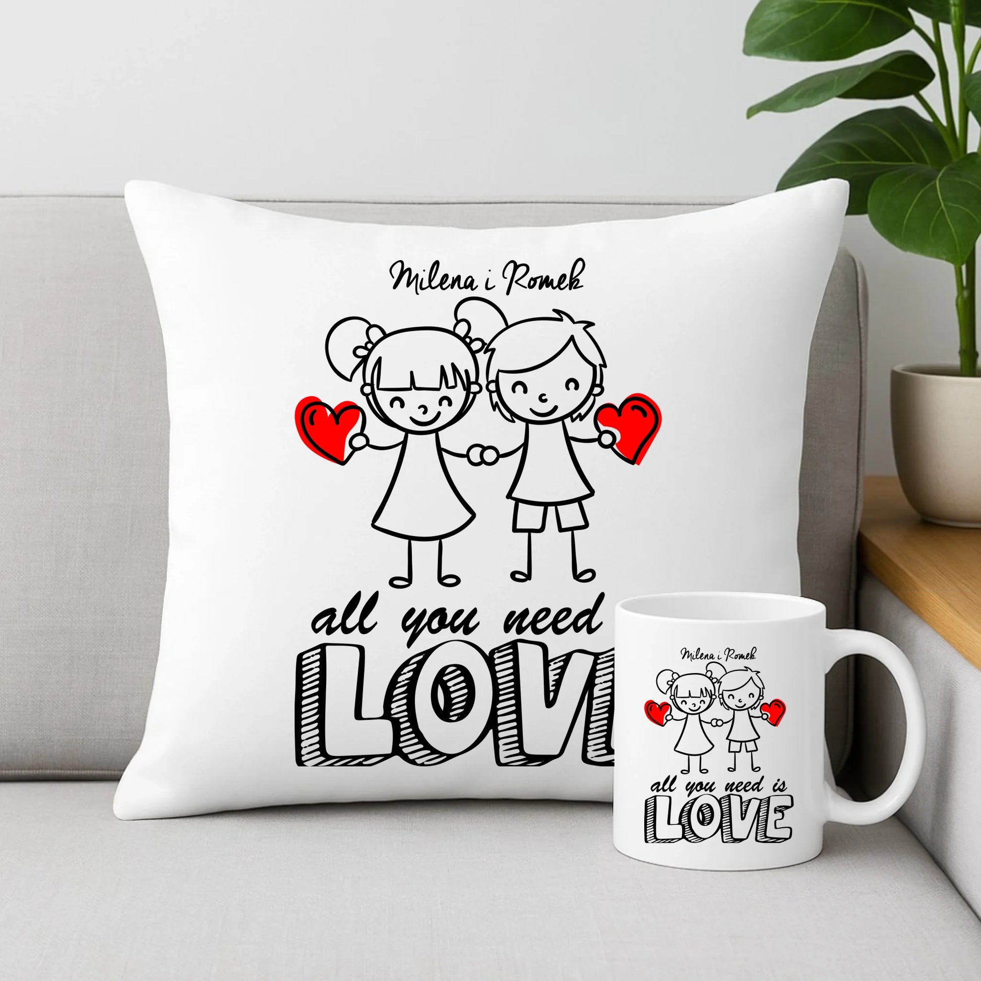 Zestaw poduszka i kubek dla par - prezent dla chłopaka i dziewczyny - Love - personalizowany W13 - StoryCups.pl