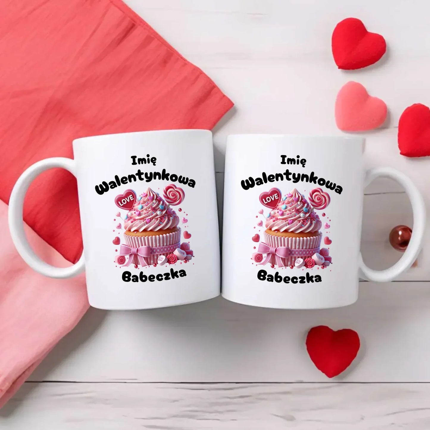 Walentynkowa babeczka imię | Zestaw poduszka i kubek na Walentynki W21 - StoryCups.pl