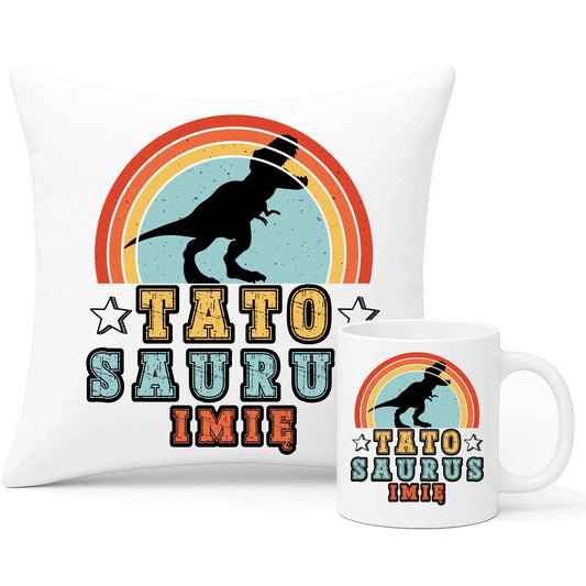 Tatosaurus + imię | Zestaw poduszka i kubek dla taty DT03 - StoryCups.pl